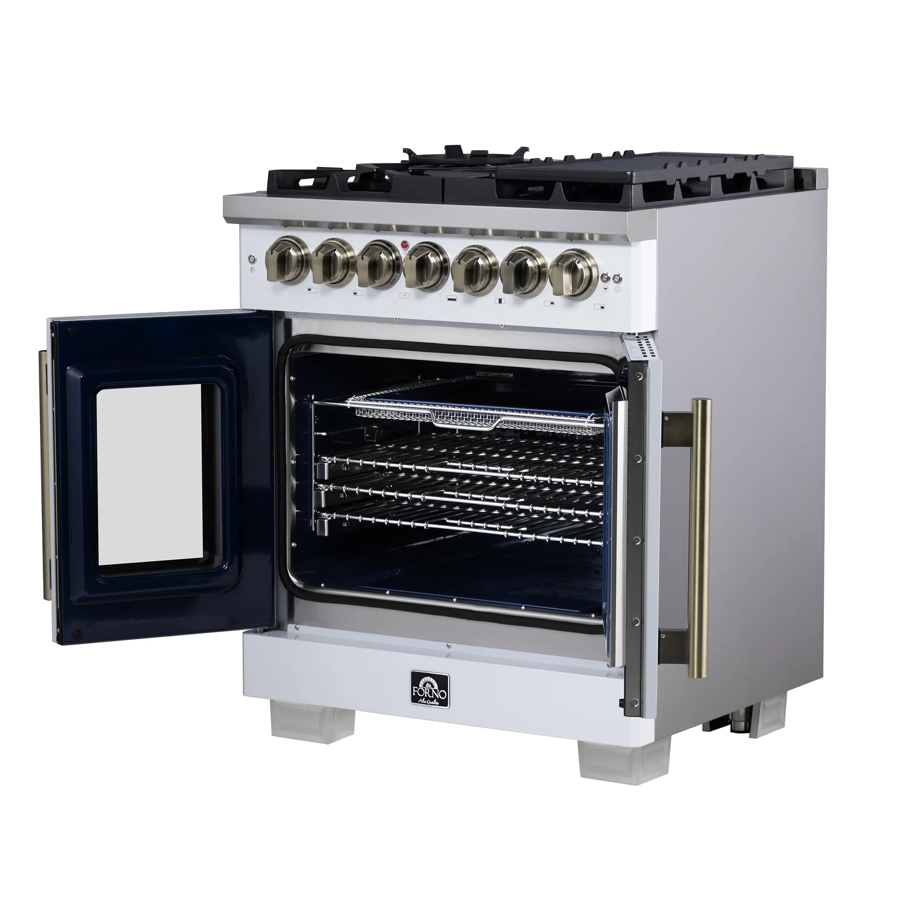 White dual fuel range with oven door open, internal racks and heating elements visible