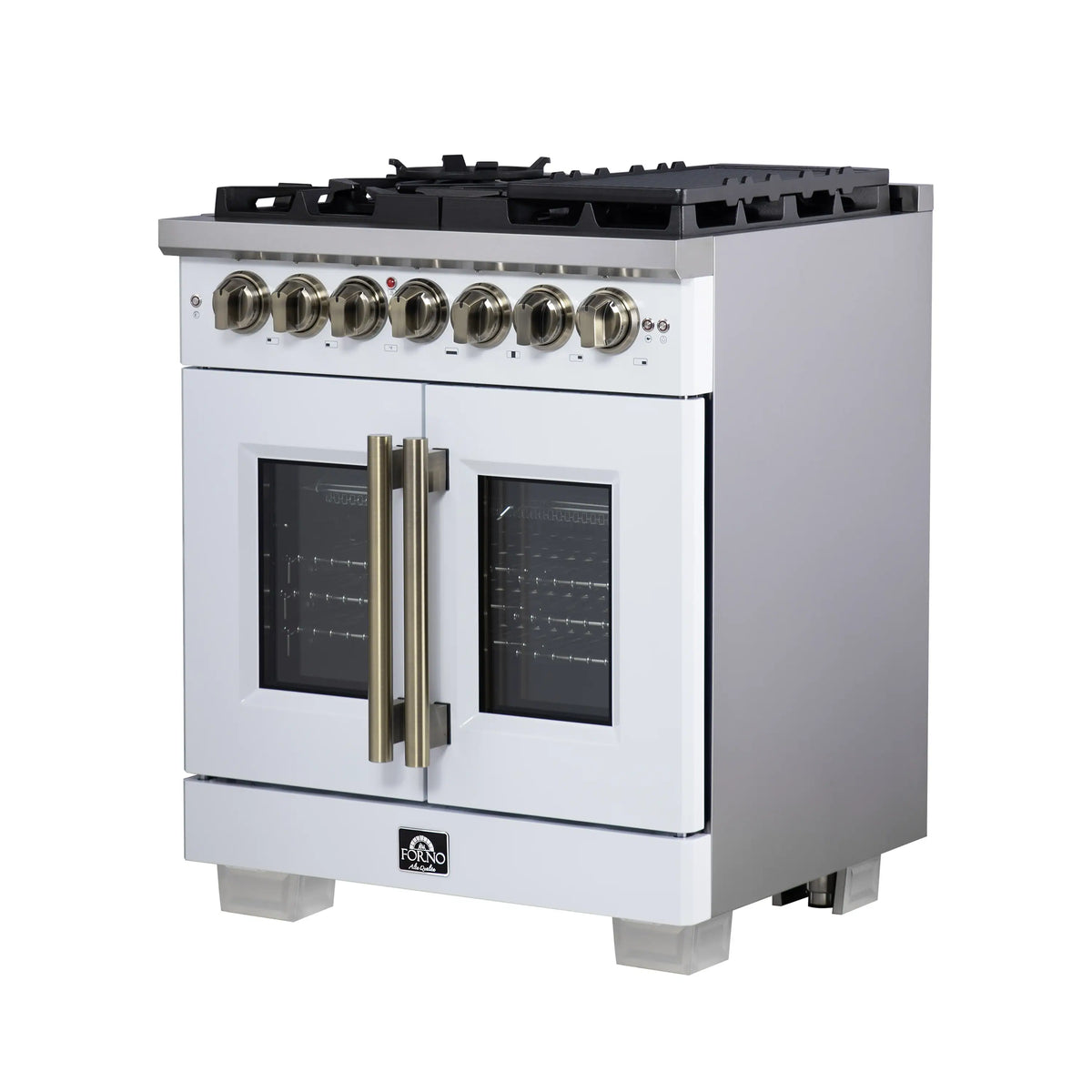 White dual fuel range with two doors, brass handle, and six silver burner knobs.