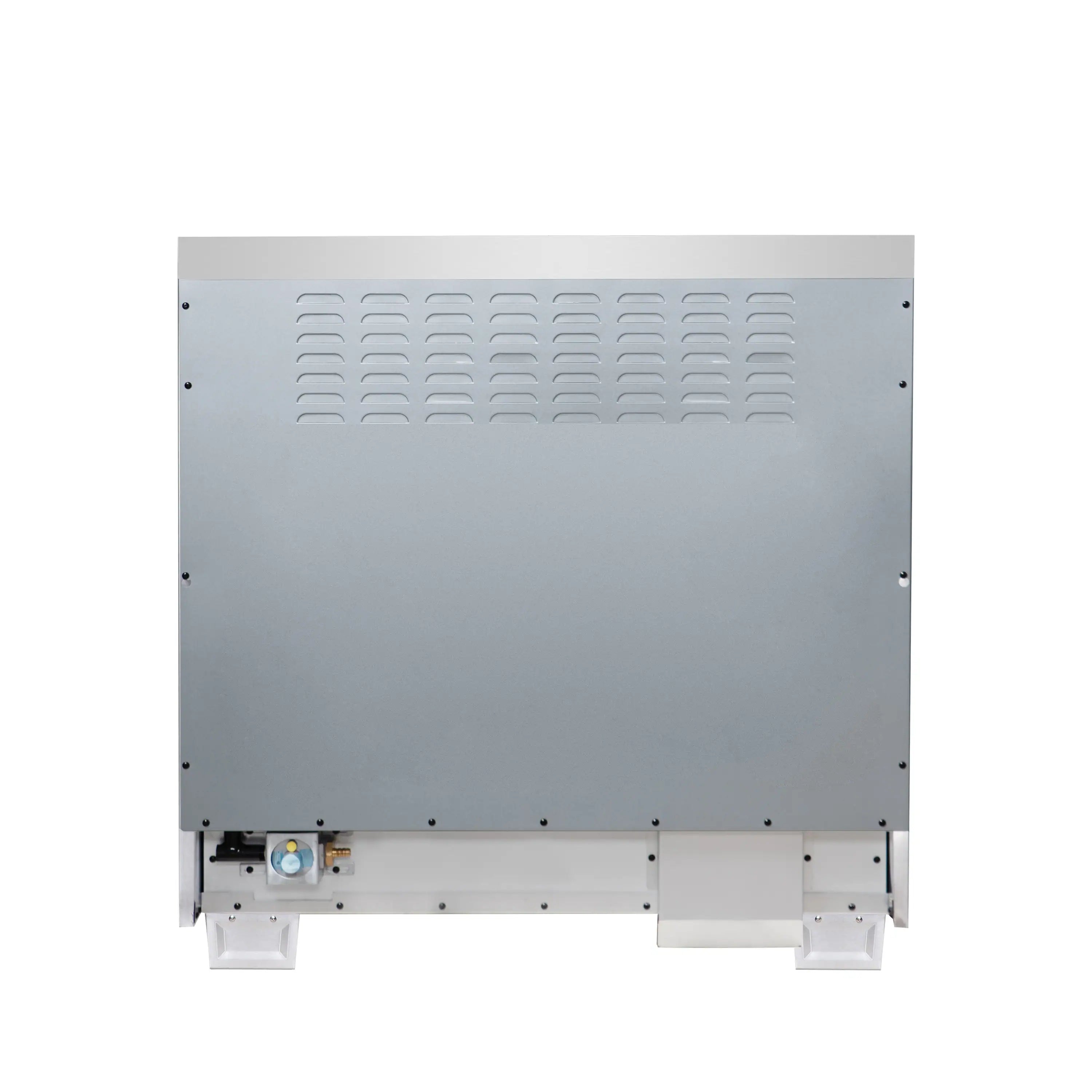 Underside view of dual fuel freestanding range with metal ventilation panel