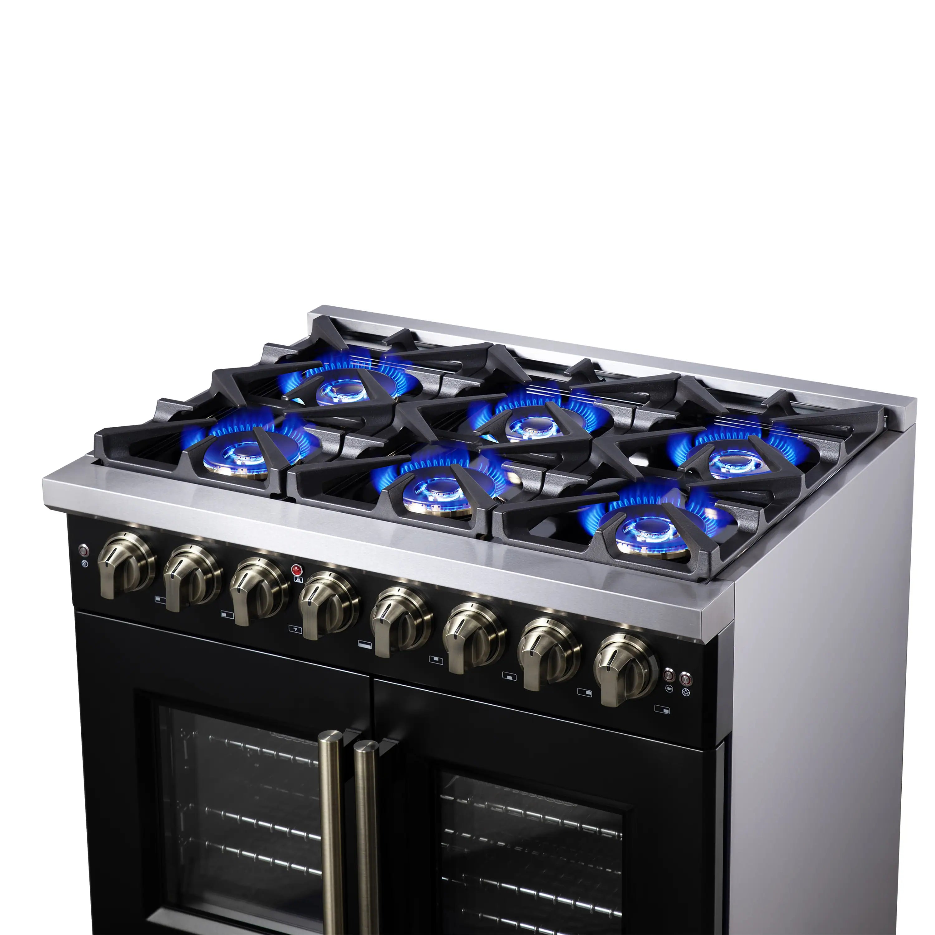 Black dual fuel range cooktop with blue gas flames and brass control knobs