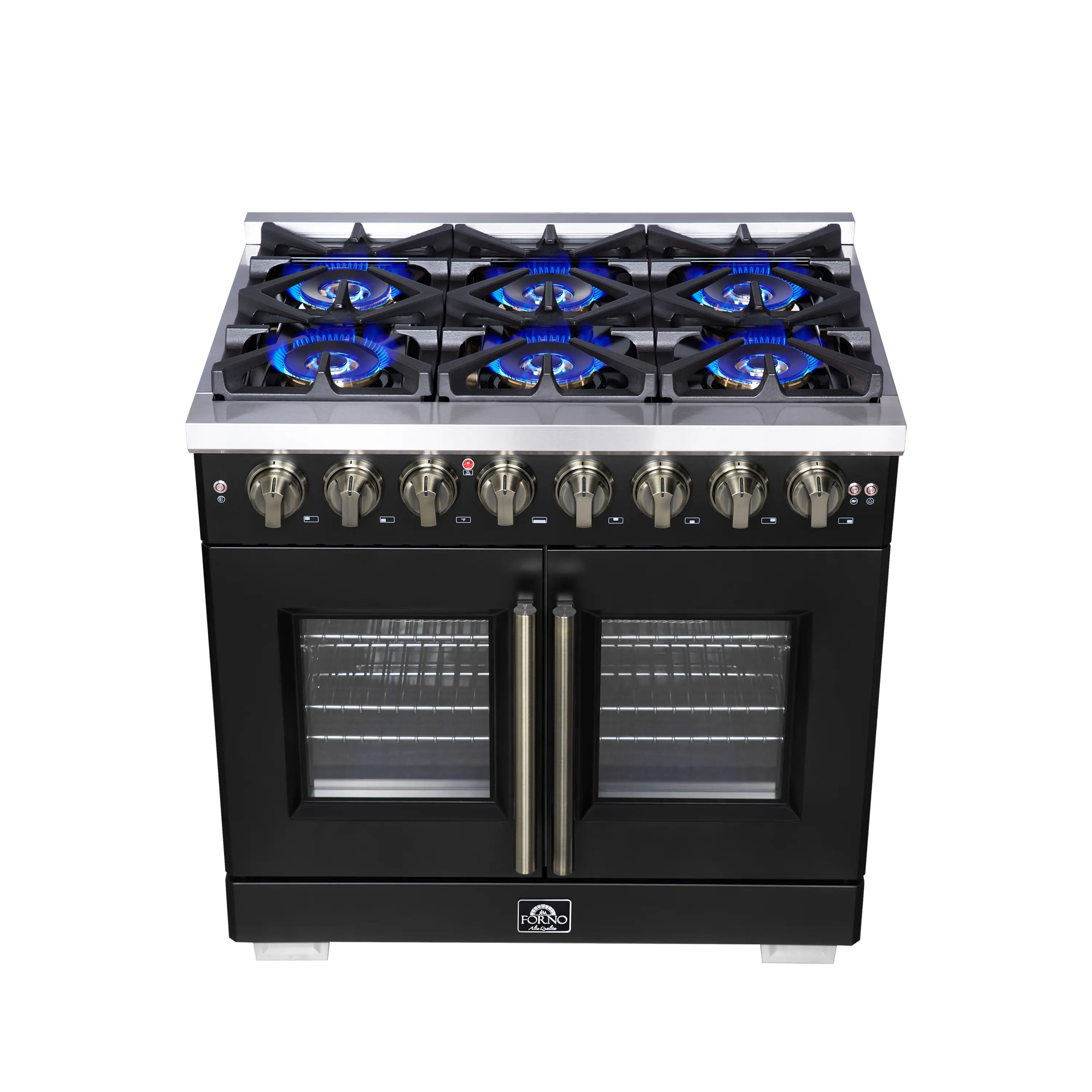 Dual fuel range with six blue gas burners glowing on black cooktop