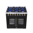 Forno Capriasca 36-Inch Freestanding French Door Dual Fuel Range in Black with Antique Brass Handle (FFSGS6387-36BLK)