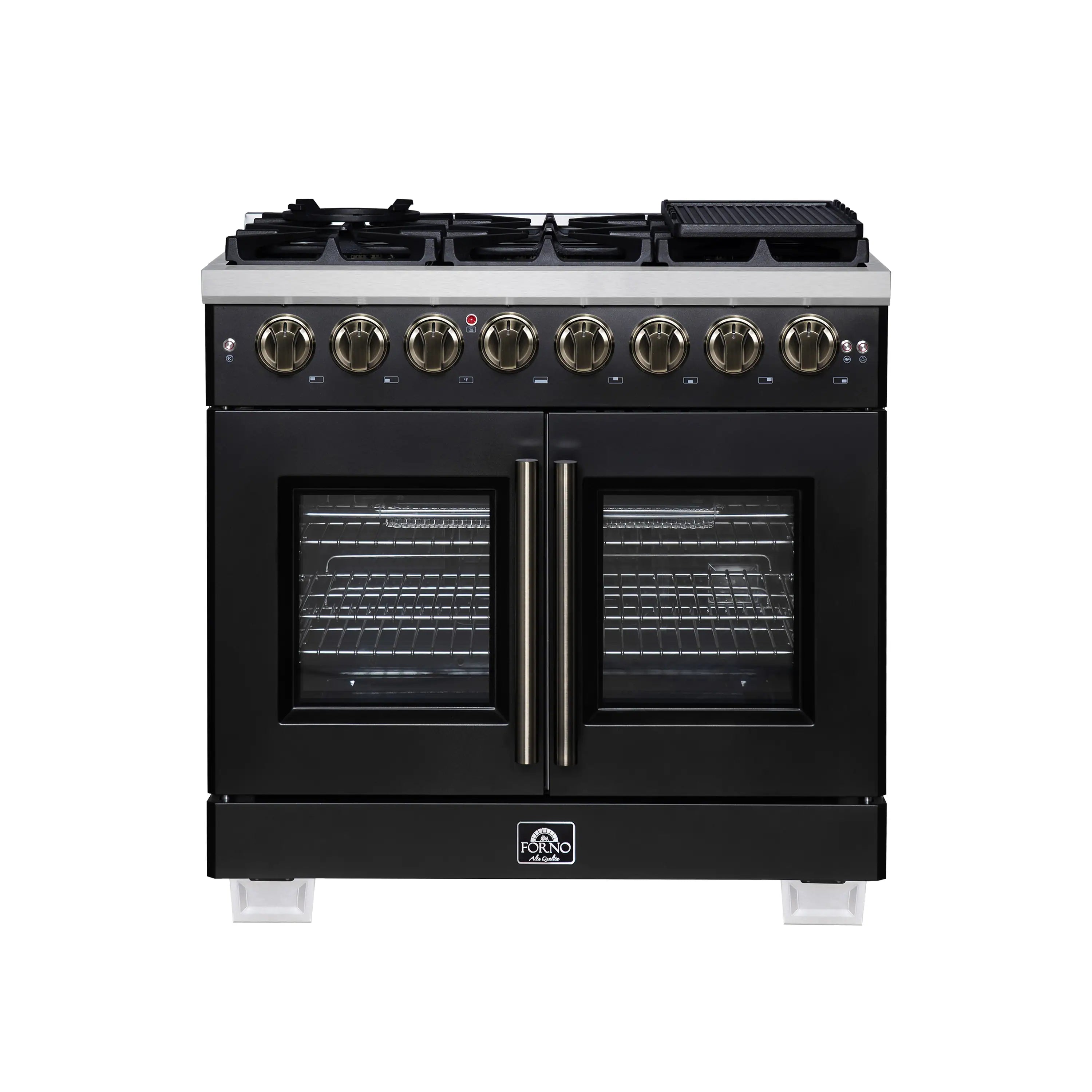 Black dual fuel range with two oven windows and long brass center handle