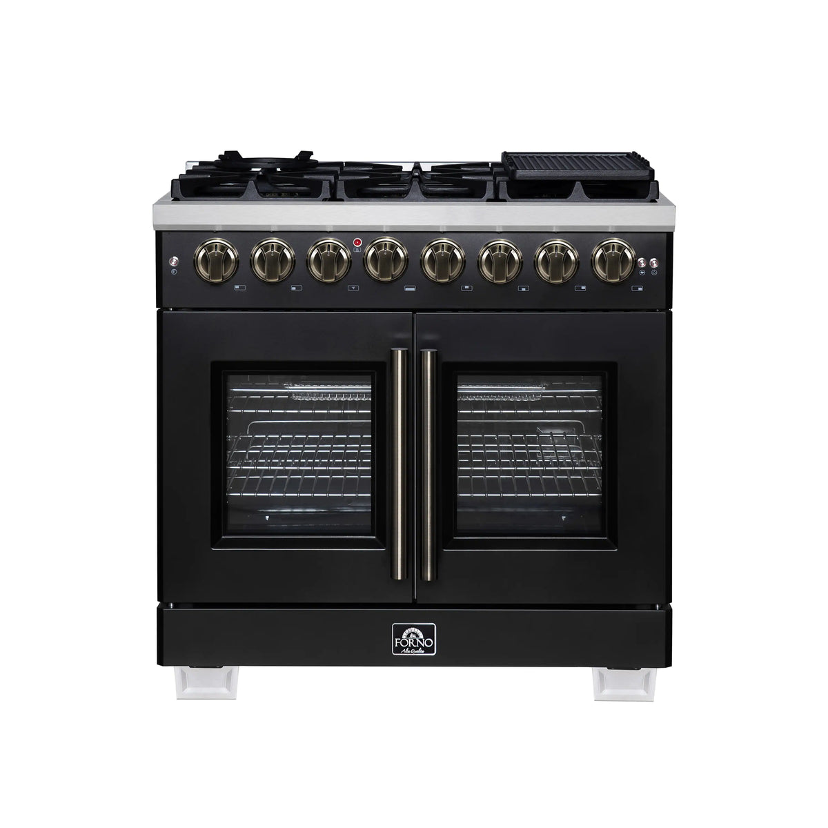 Forno Capriasca 36-Inch Freestanding French Door Dual Fuel Range in Black with Antique Brass Trim (FFSGS6387-36BLK)