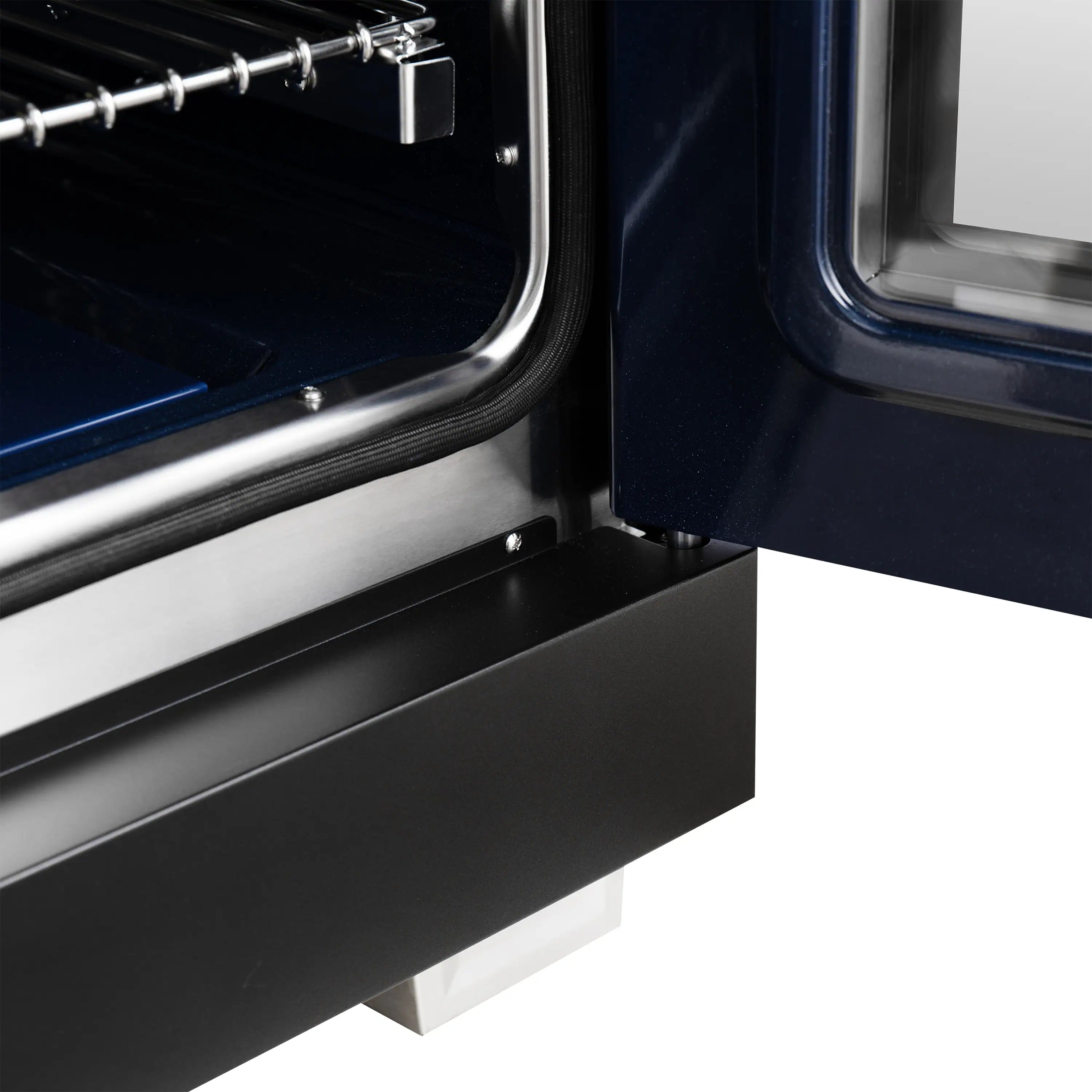 Side view of black freestanding dual fuel range with stainless interior duct