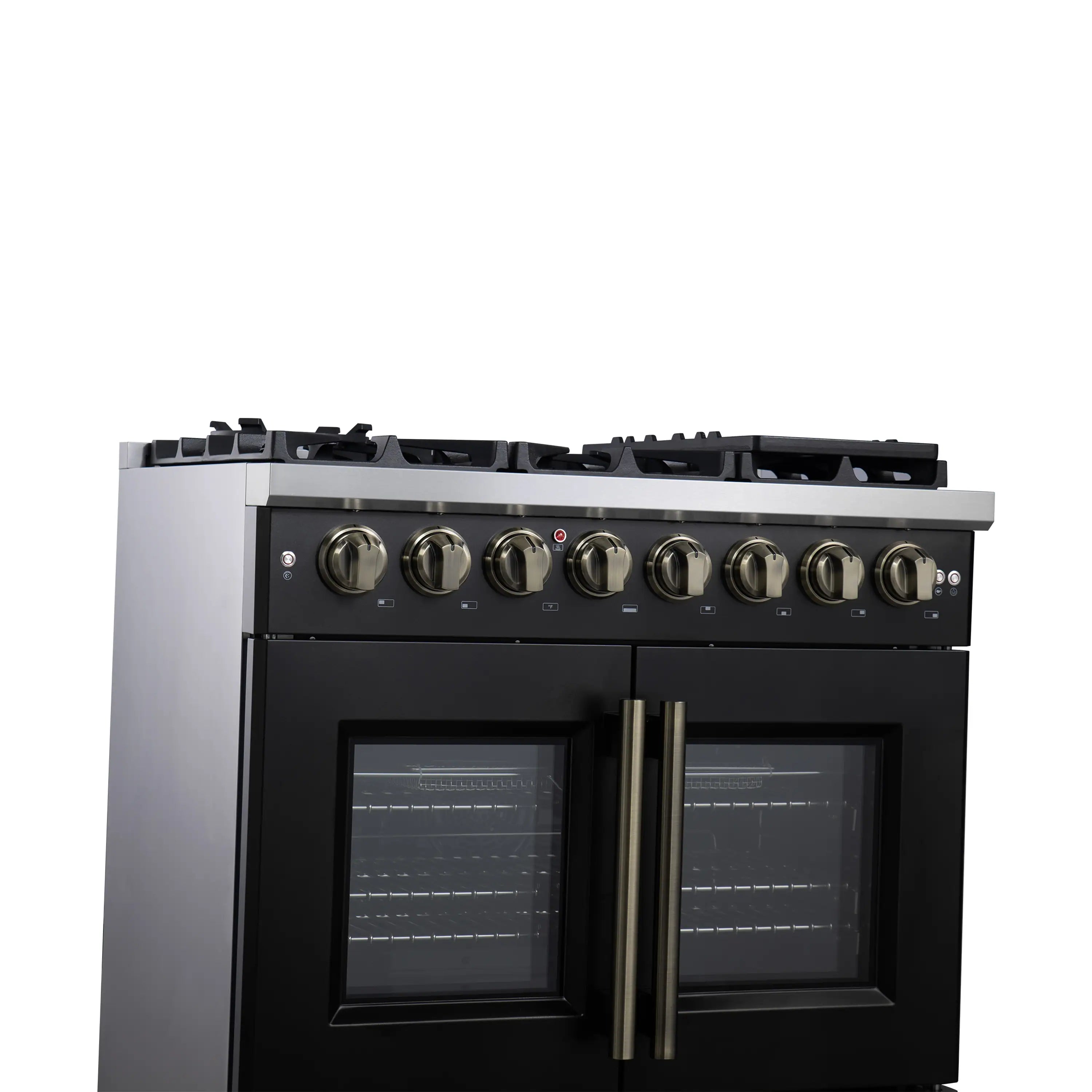 Black dual fuel freestanding range with two glass oven doors and brass knobs