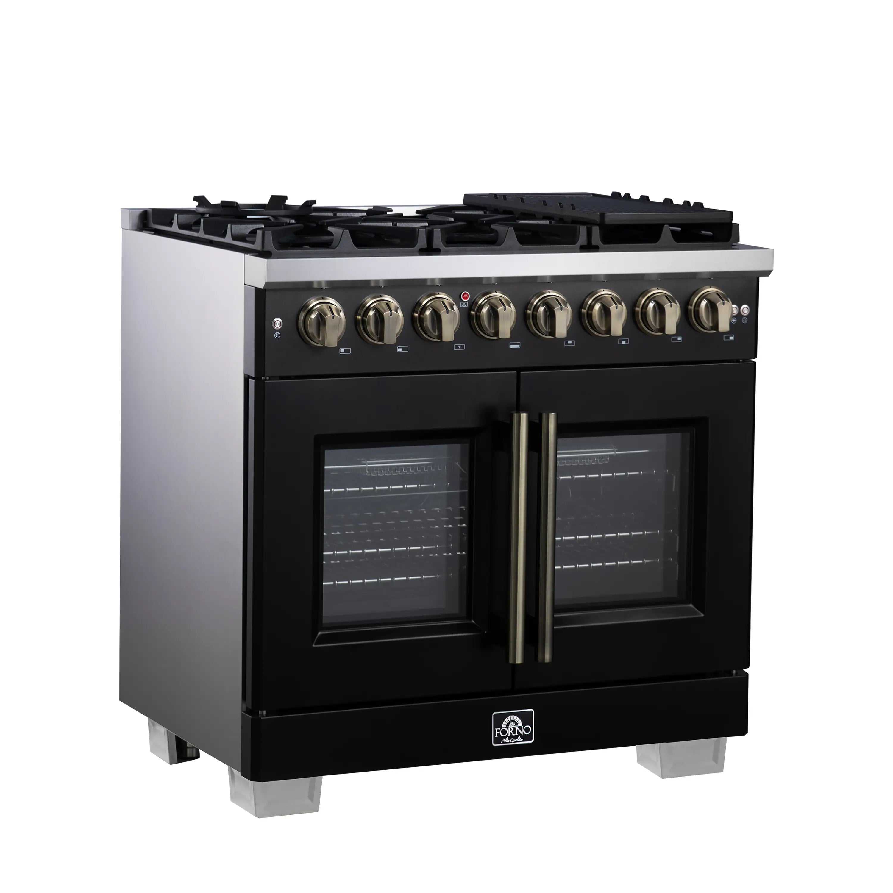 Black dual fuel range front view with brass knobs and twin oven doors
