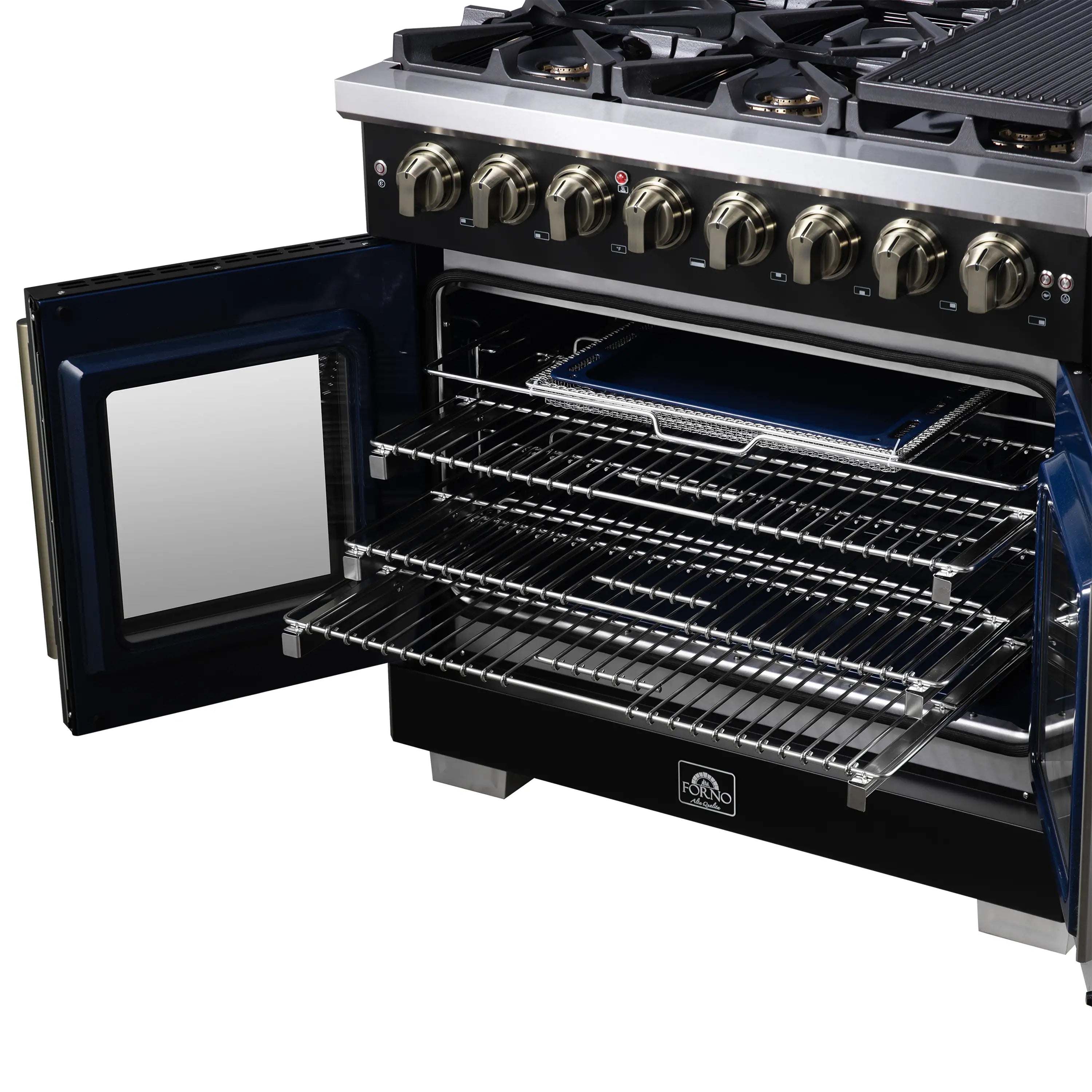 Freestanding dual fuel range oven with open door, wire racks, and black enamel cavity