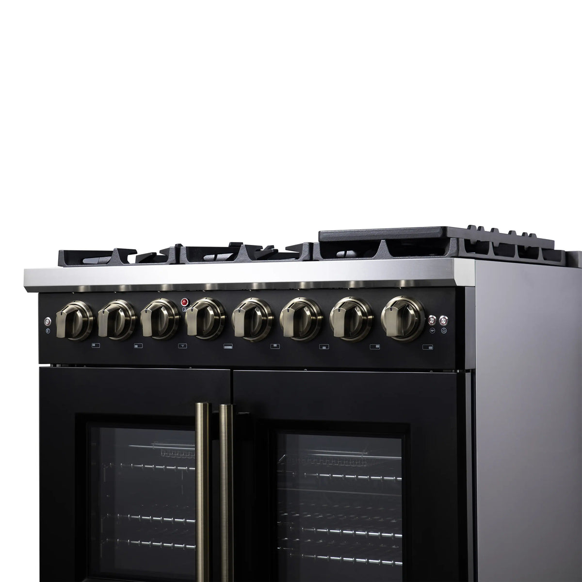 Freestanding dual fuel range front panel with knobs and four burners