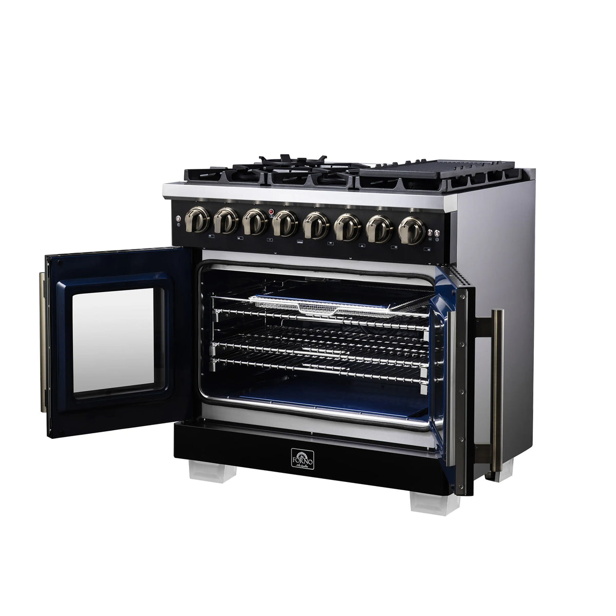 Freestanding dual fuel range oven with open French doors, black interior racks