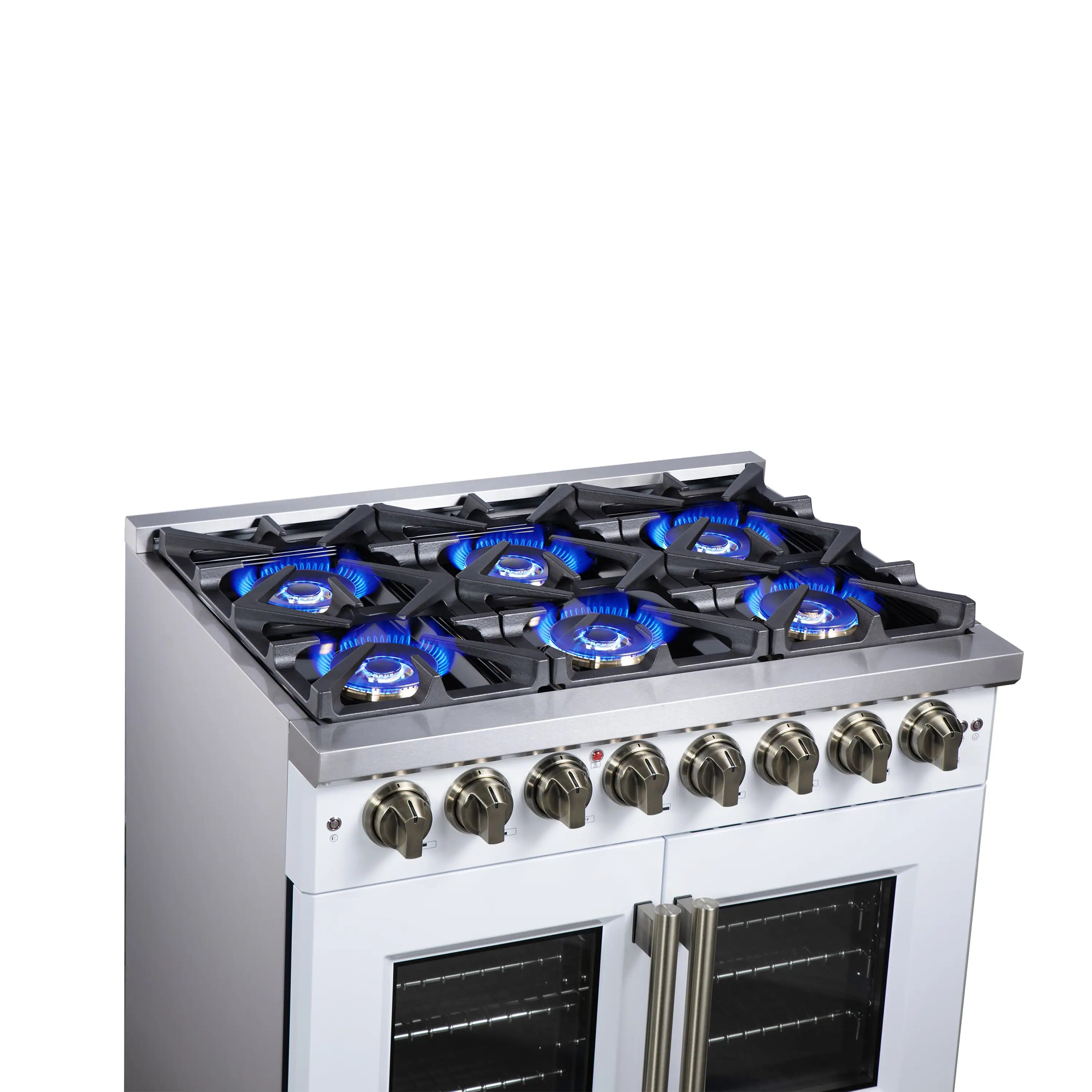 White dual fuel range top view with blue flame burners and French door oven windows