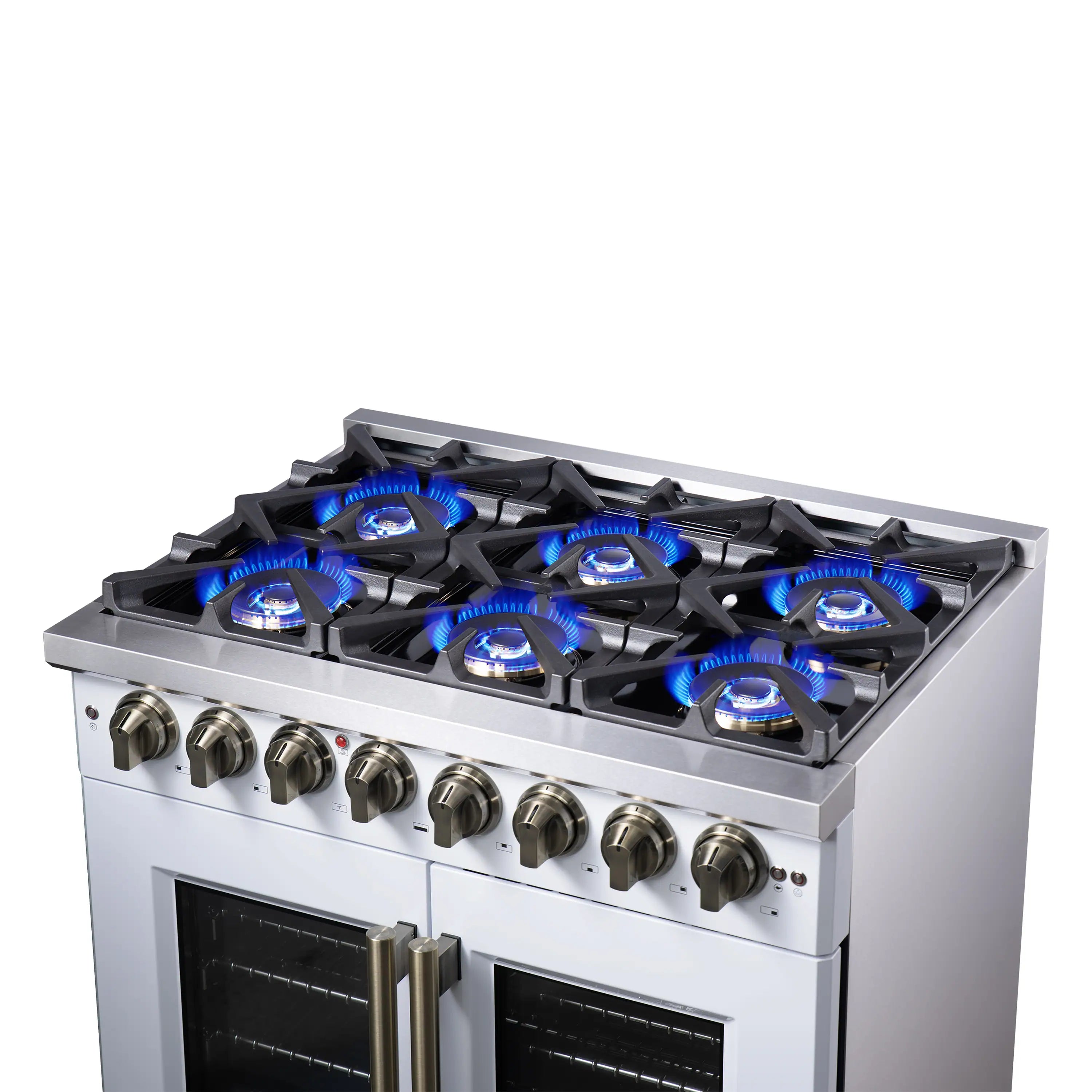 White dual fuel range cooktop with multiple blue flame gas burners