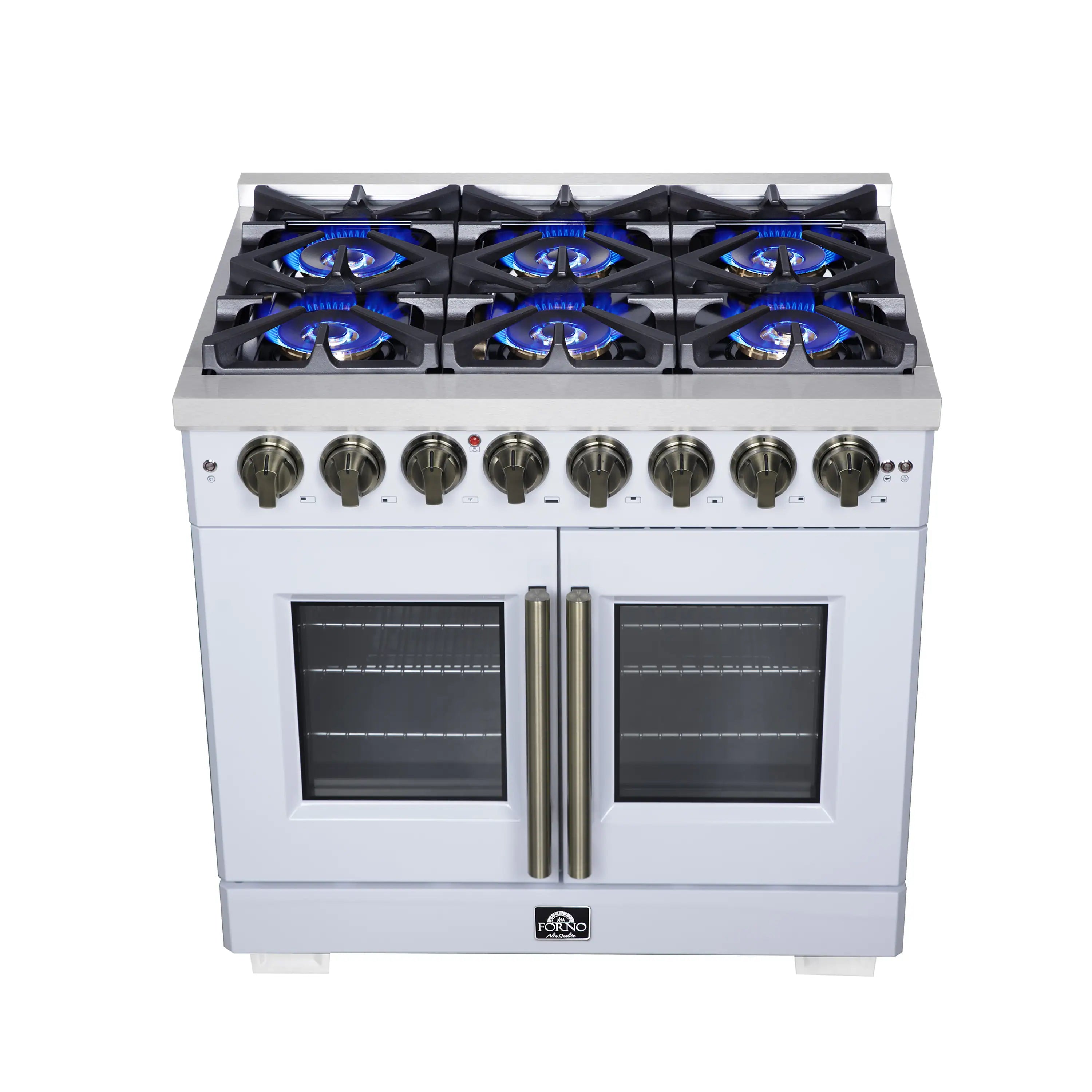 White freestanding dual fuel range with blue flame burners and French door ovens
