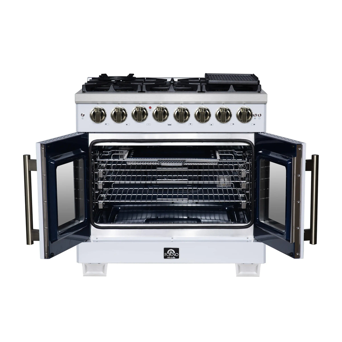 Freestanding dual fuel range with open ovens and antique brass side handles