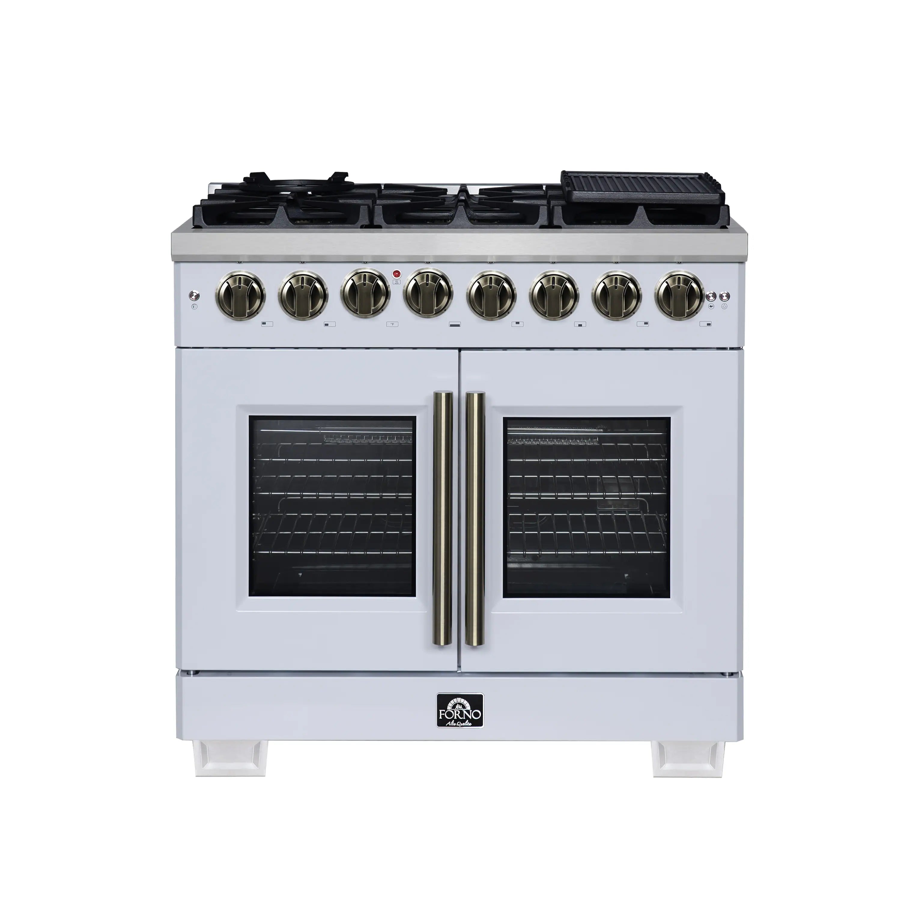 White freestanding dual fuel range with two glass oven doors and antique brass handle