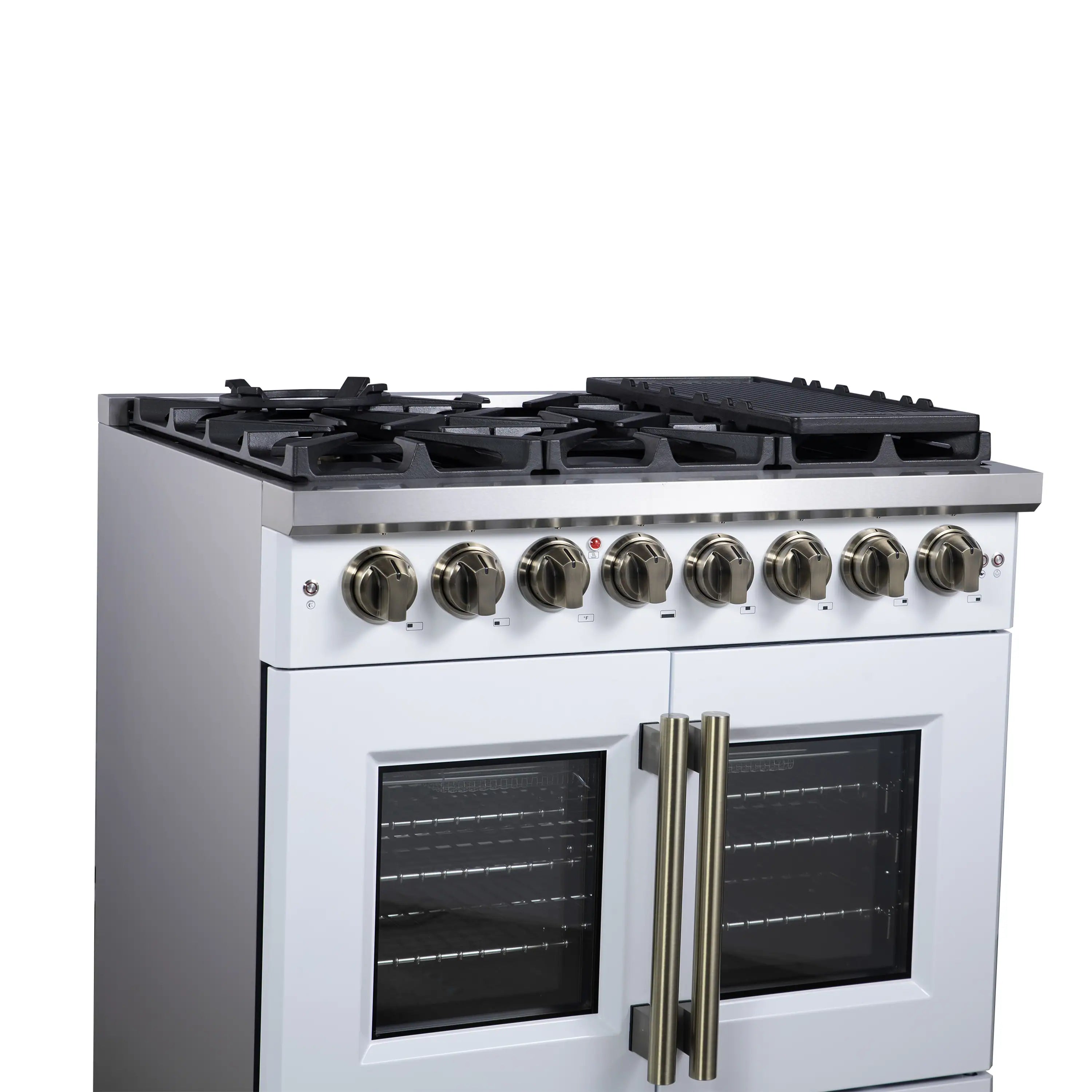 White freestanding dual fuel range front with brass handles and two glass oven doors