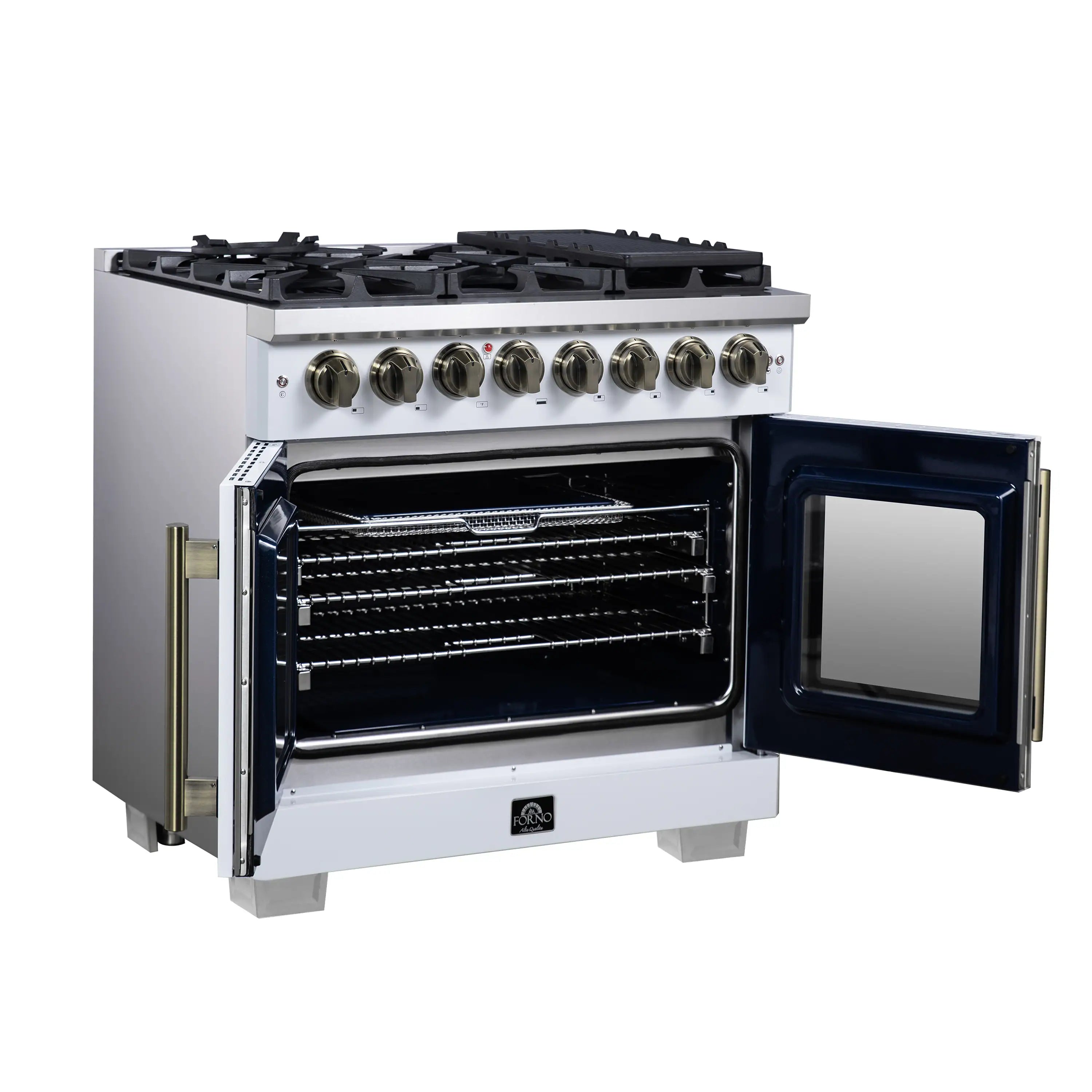 White dual fuel range with both oven doors open, brass side handles, and knobs