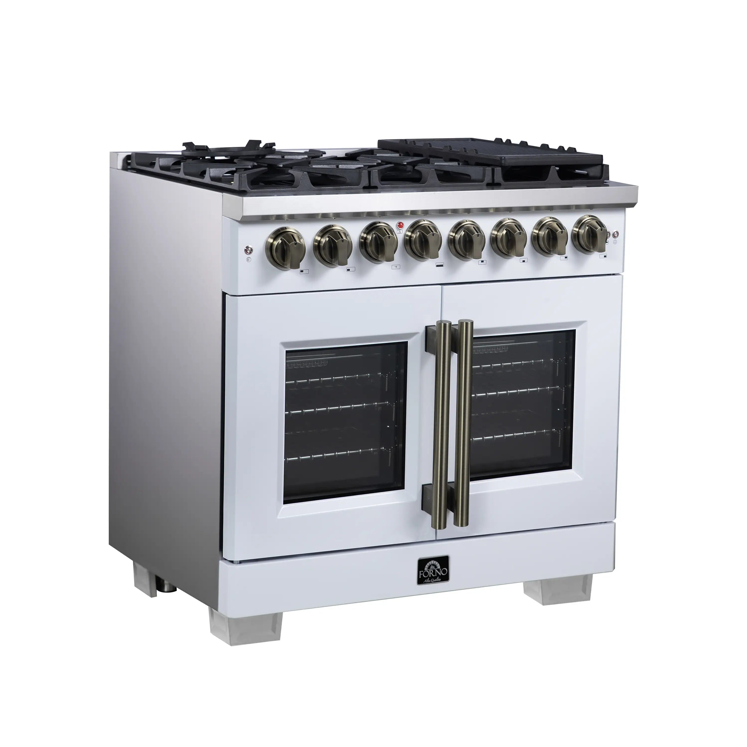 White freestanding dual fuel range with French doors and antique brass double handle