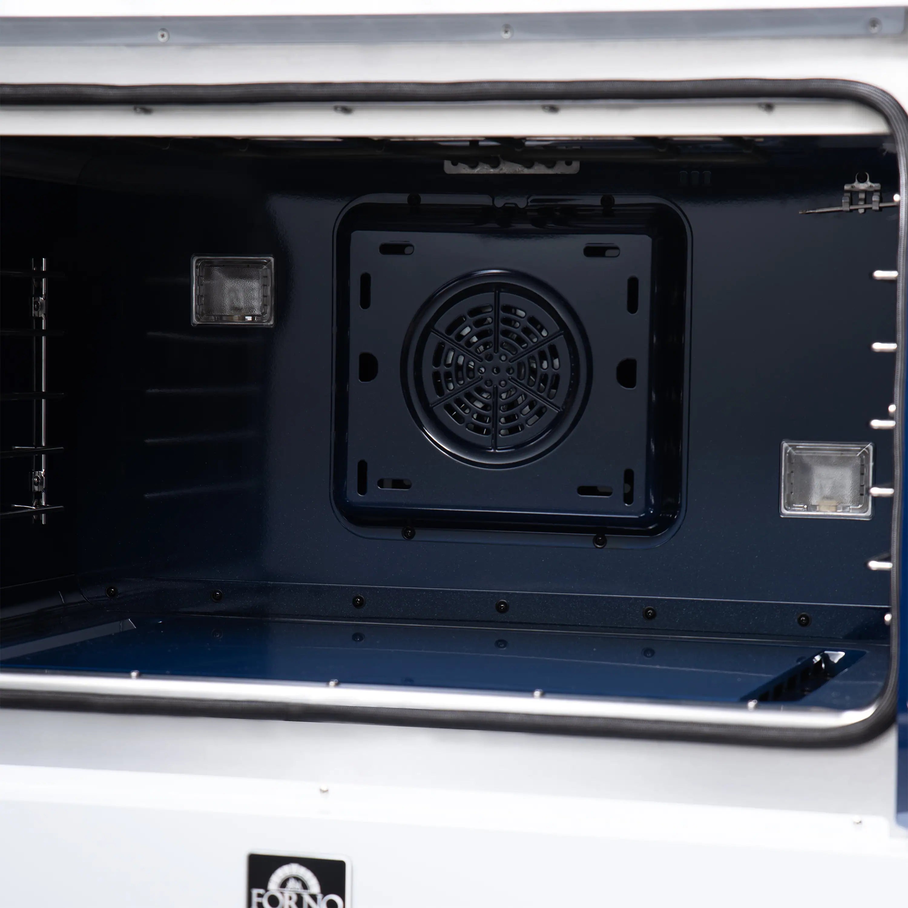 White dual fuel range oven interior back panel with circular convection fan cover