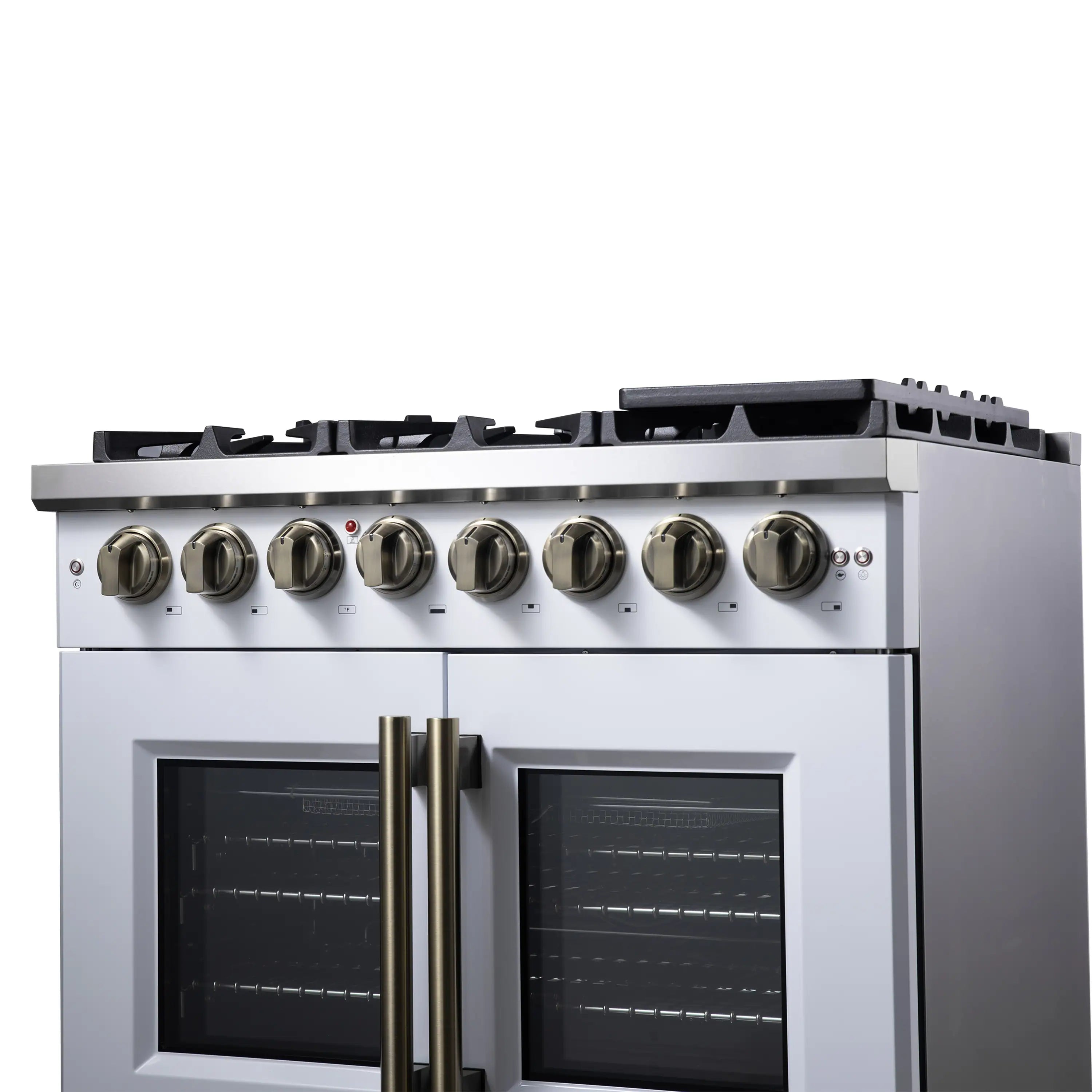 White dual fuel range front with control knobs and two glass oven doors