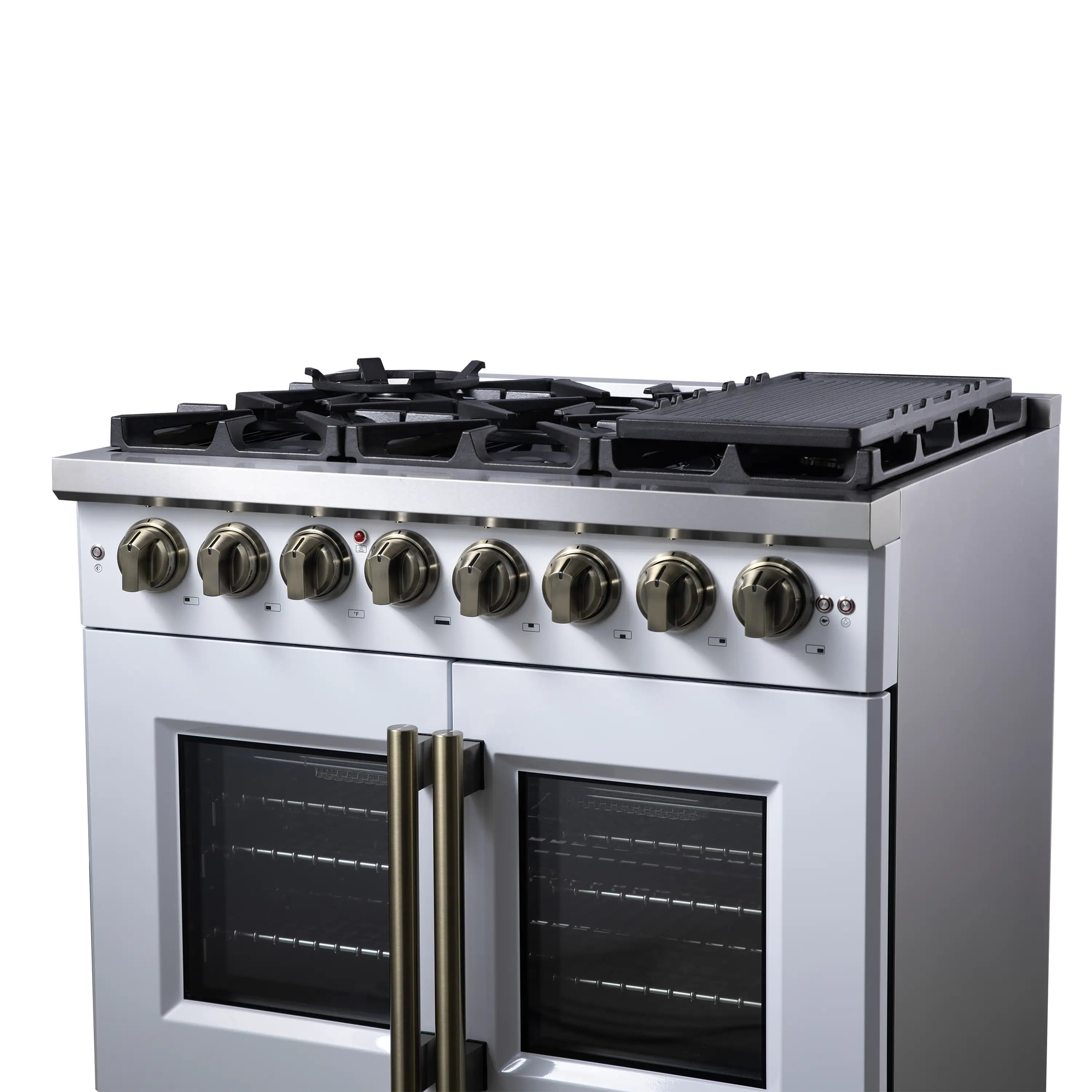 White dual fuel range with black cooktop grates and control knob row