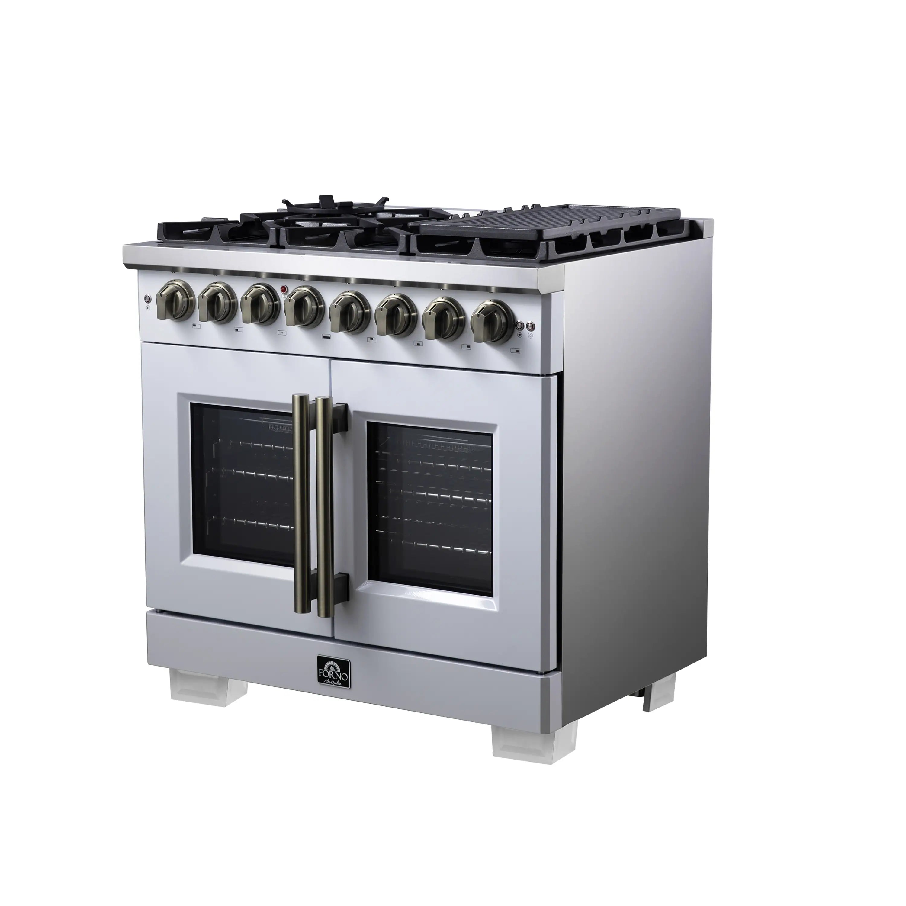 White dual fuel range with two glass oven doors closed and brass vertical handles