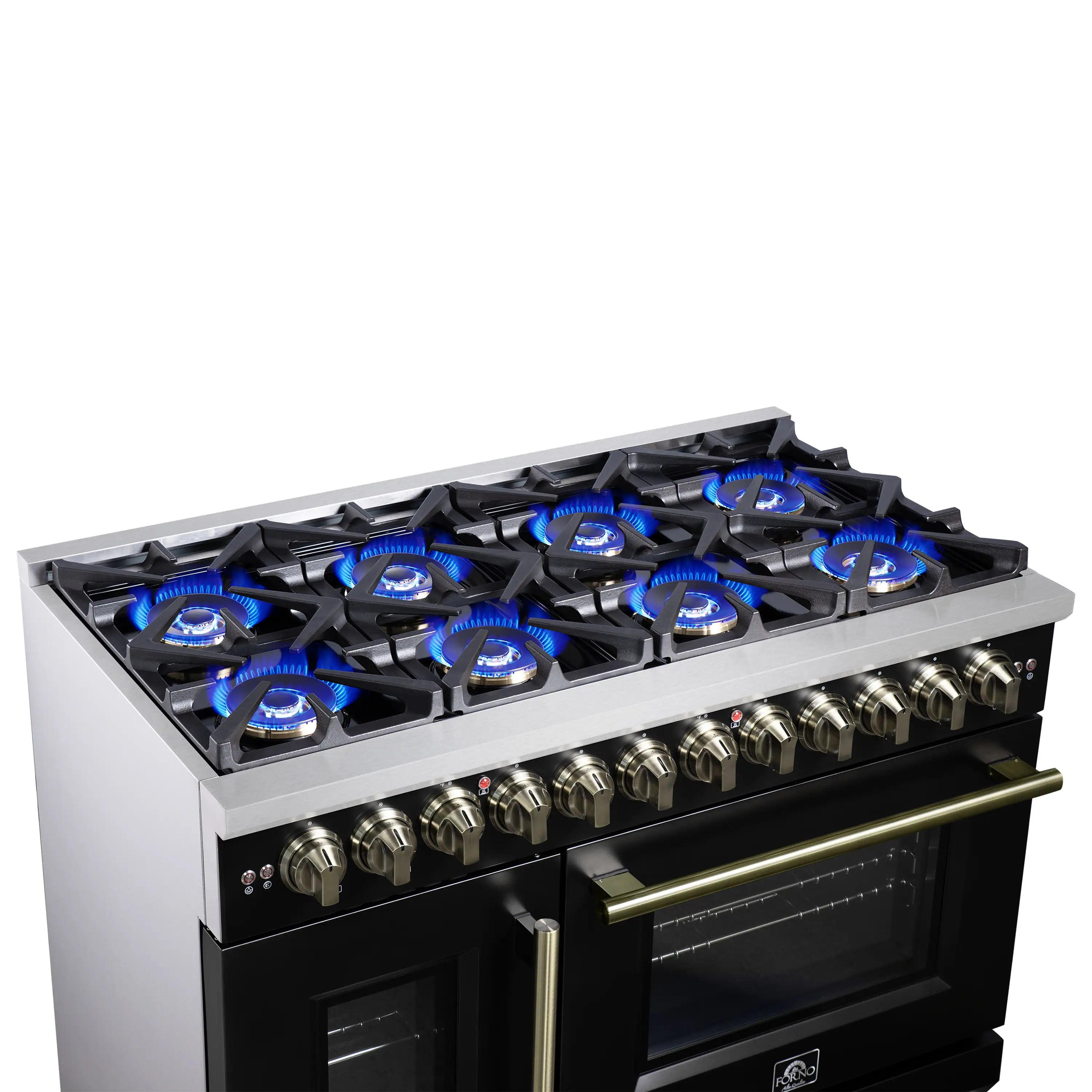 Black dual fuel range with multiple blue-lit burners and front control knobs.