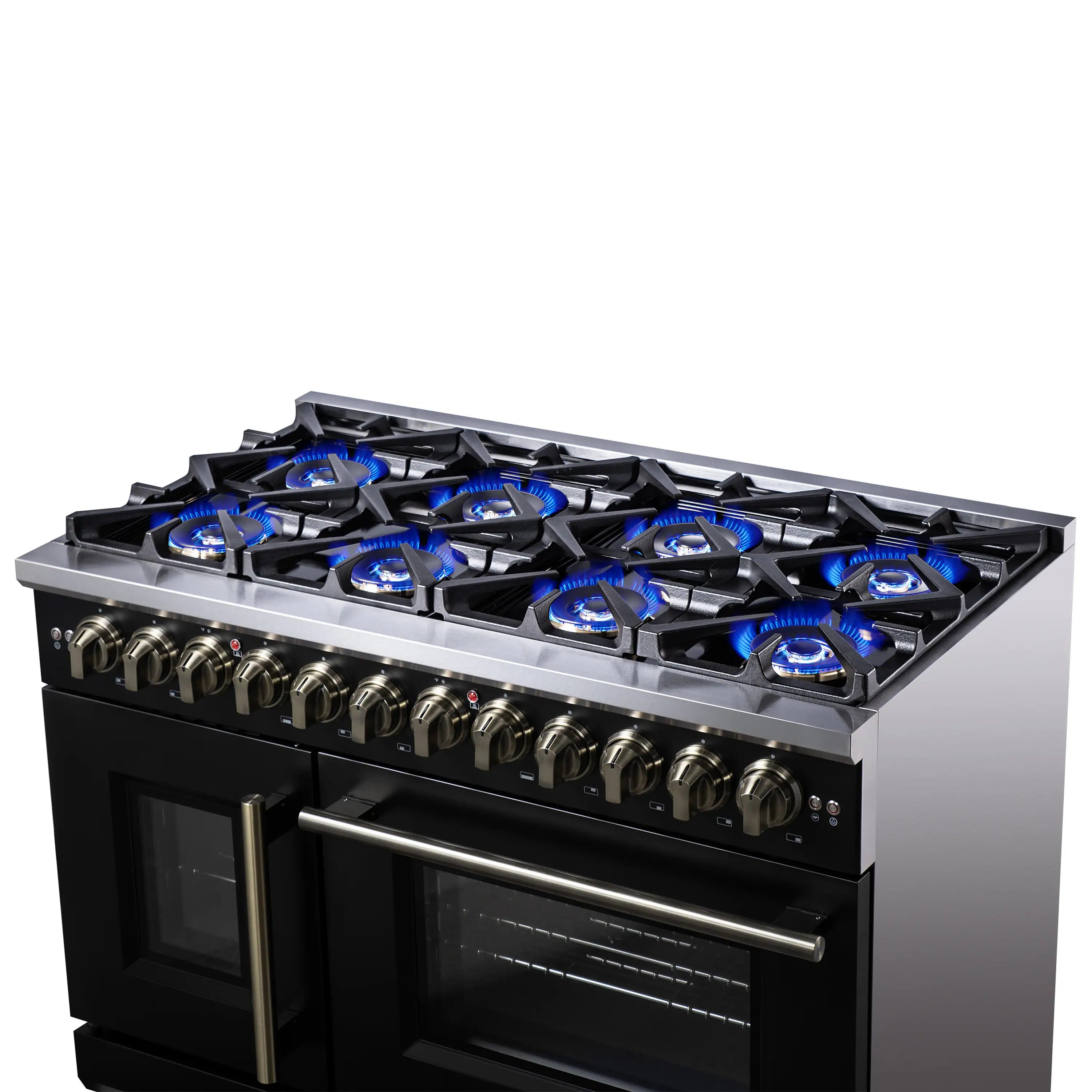 Black dual fuel range with lit blue gas burners and brass control knobs.