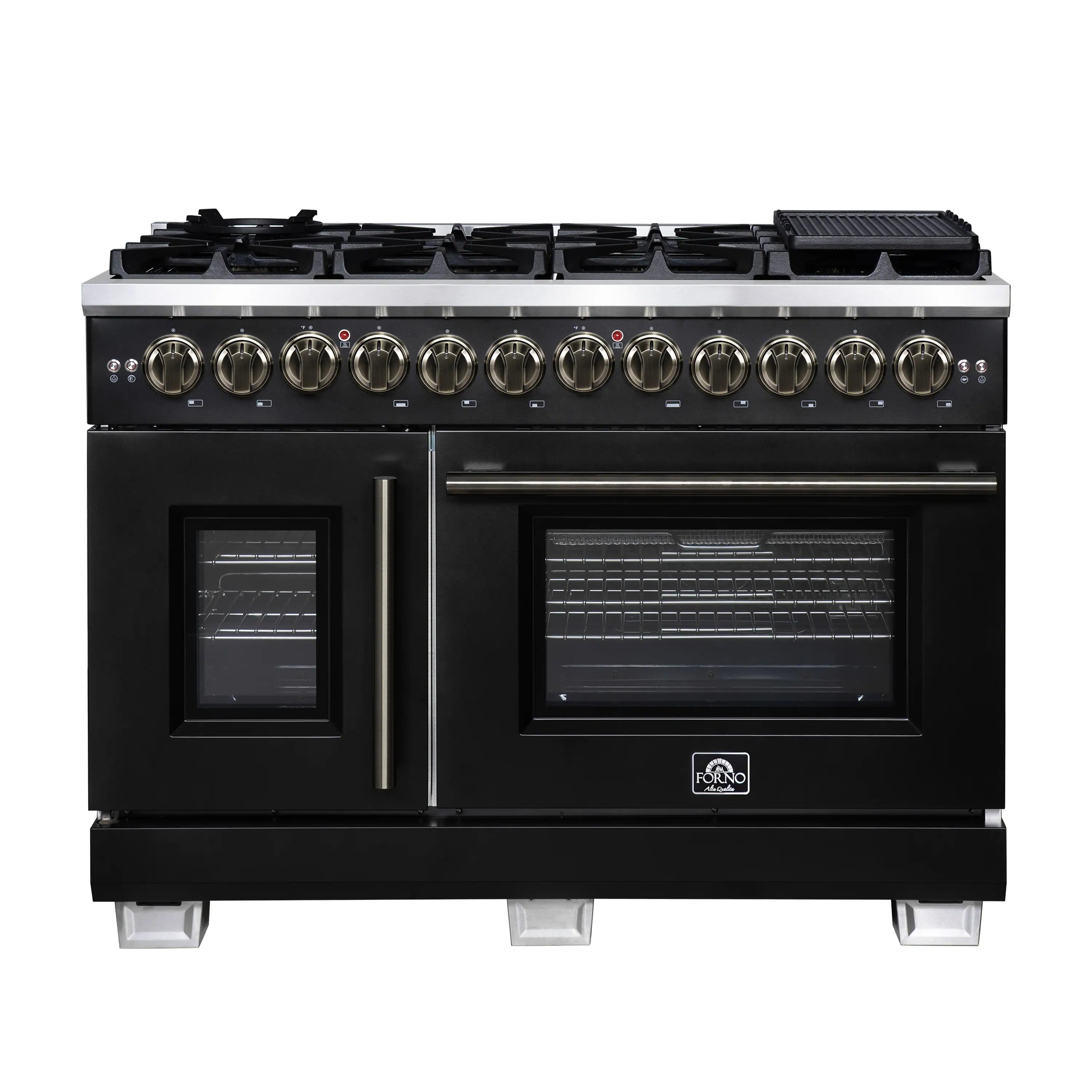 Black dual fuel range front view with brass knobs and dual oven windows.