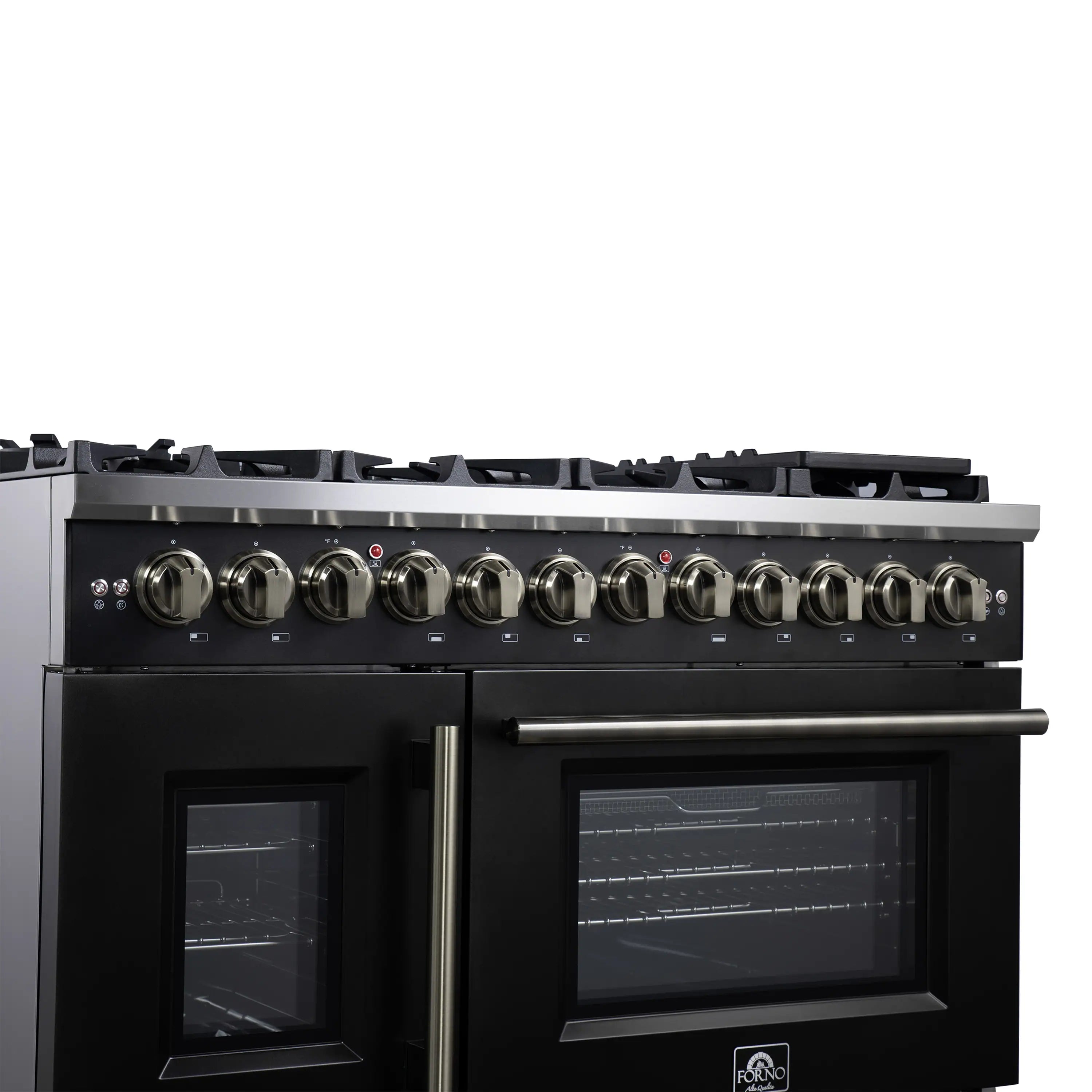 Black range front with rows of brass control knobs and dual oven doors.