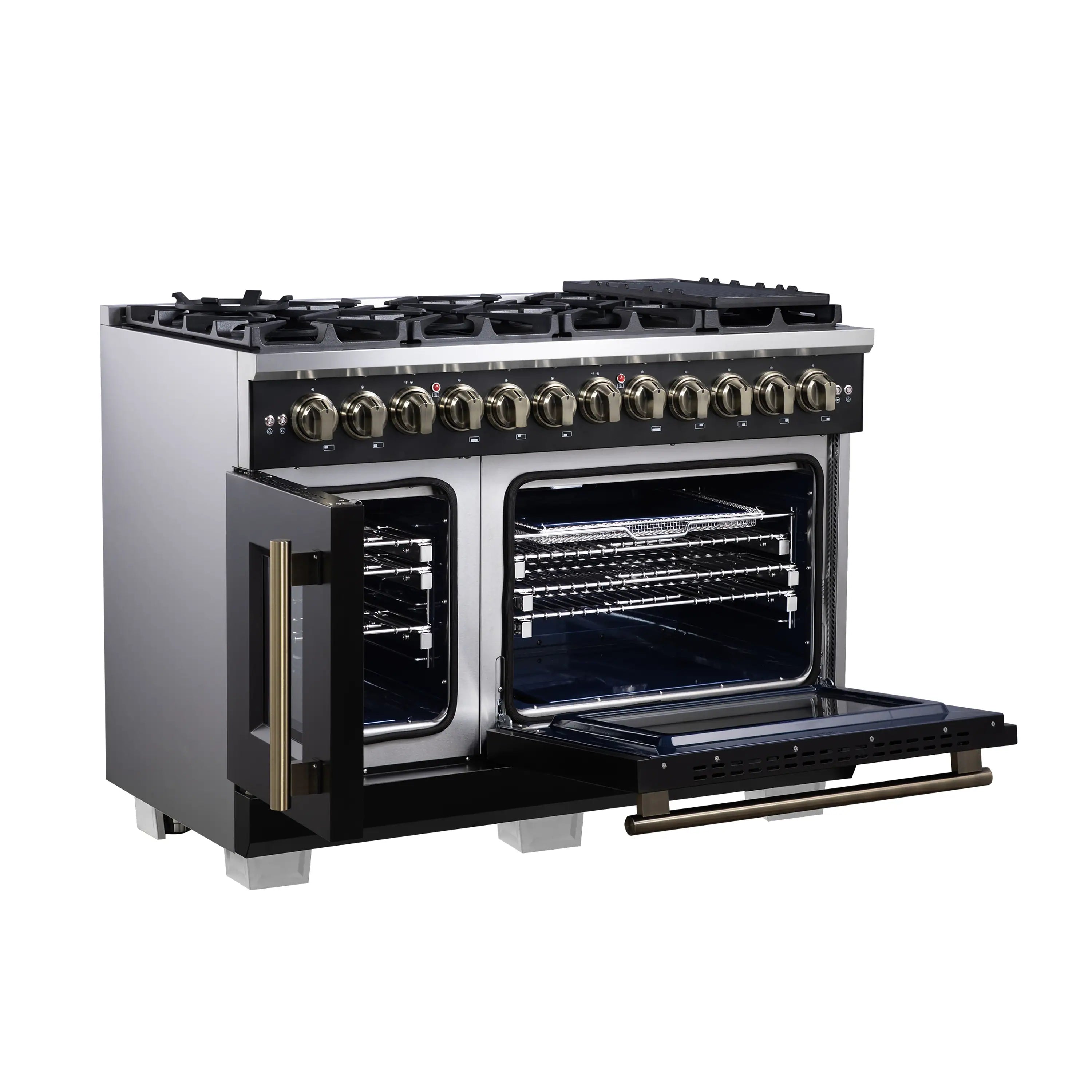 Black dual fuel freestanding range with French doors, brass knobs and oven window.
