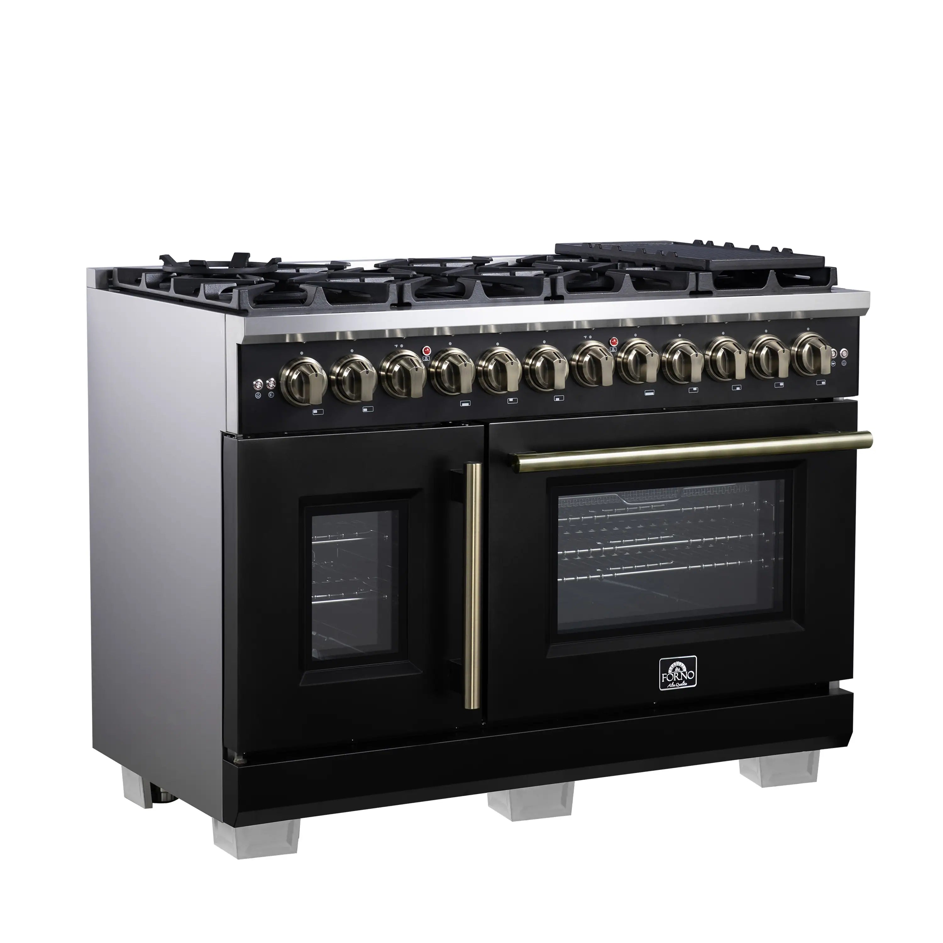 Black dual fuel freestanding range with French doors and brass handle bars.