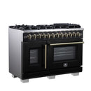 Forno Capriasca 48-Inch Freestanding French Door Dual Fuel Range in Black with Antique Brass Handle (FFSGS6387-48BLK)