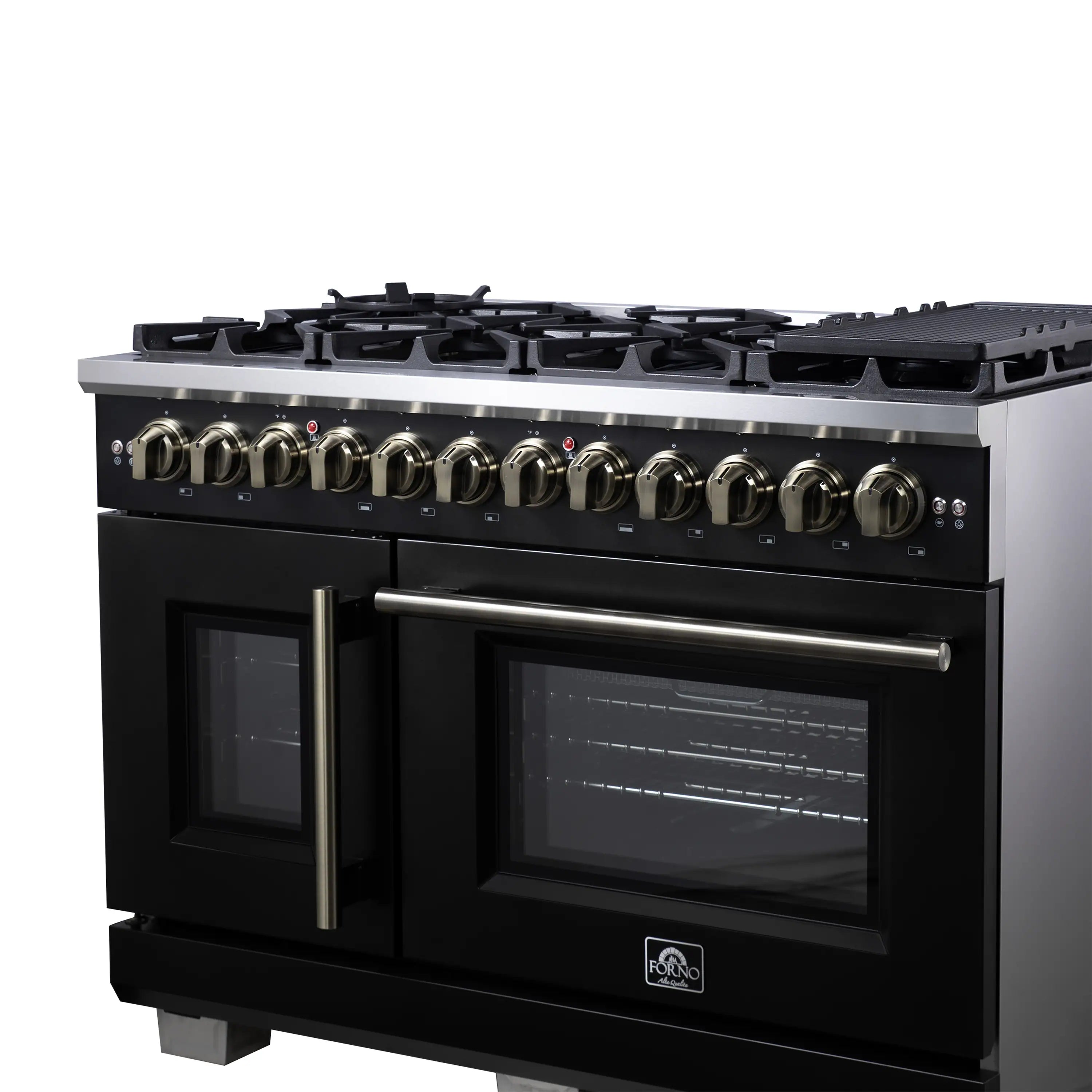 Black freestanding dual fuel range with burner knobs, oven doors, and brass trim