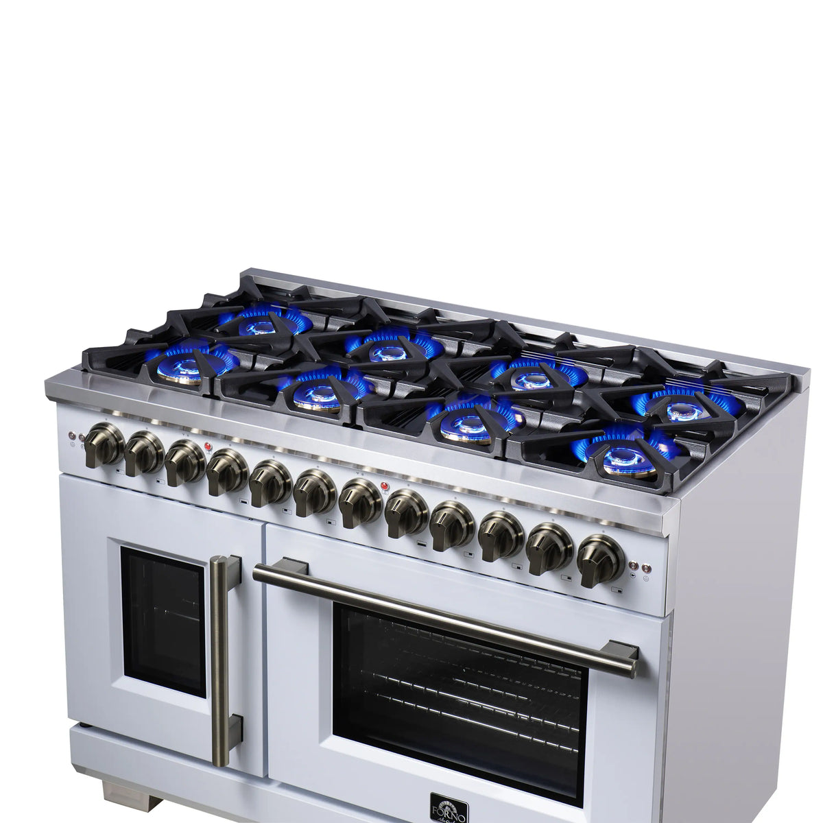 Gas cooktop with blue flames across black burners on a white dual fuel range
