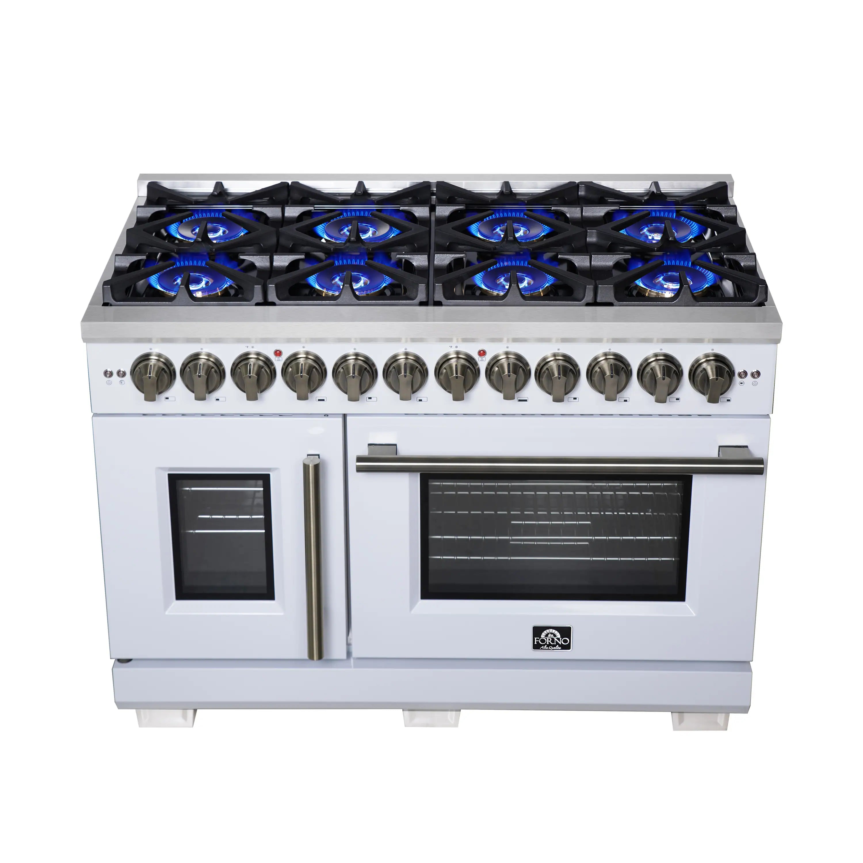 Freestanding dual fuel range with blue-lit burners, black grates, and two oven doors