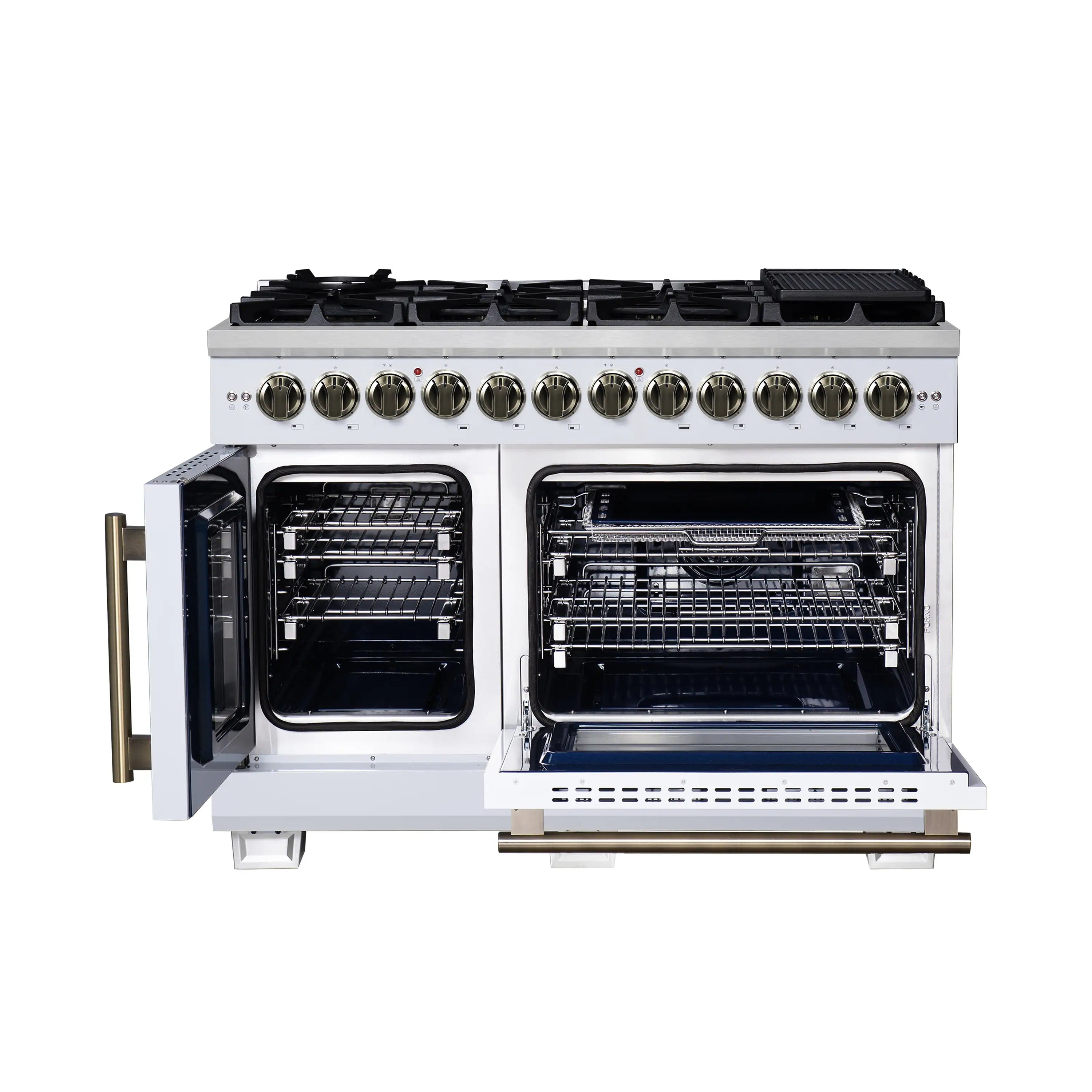 Dual fuel range with doors open, showing two black oven compartments and racks
