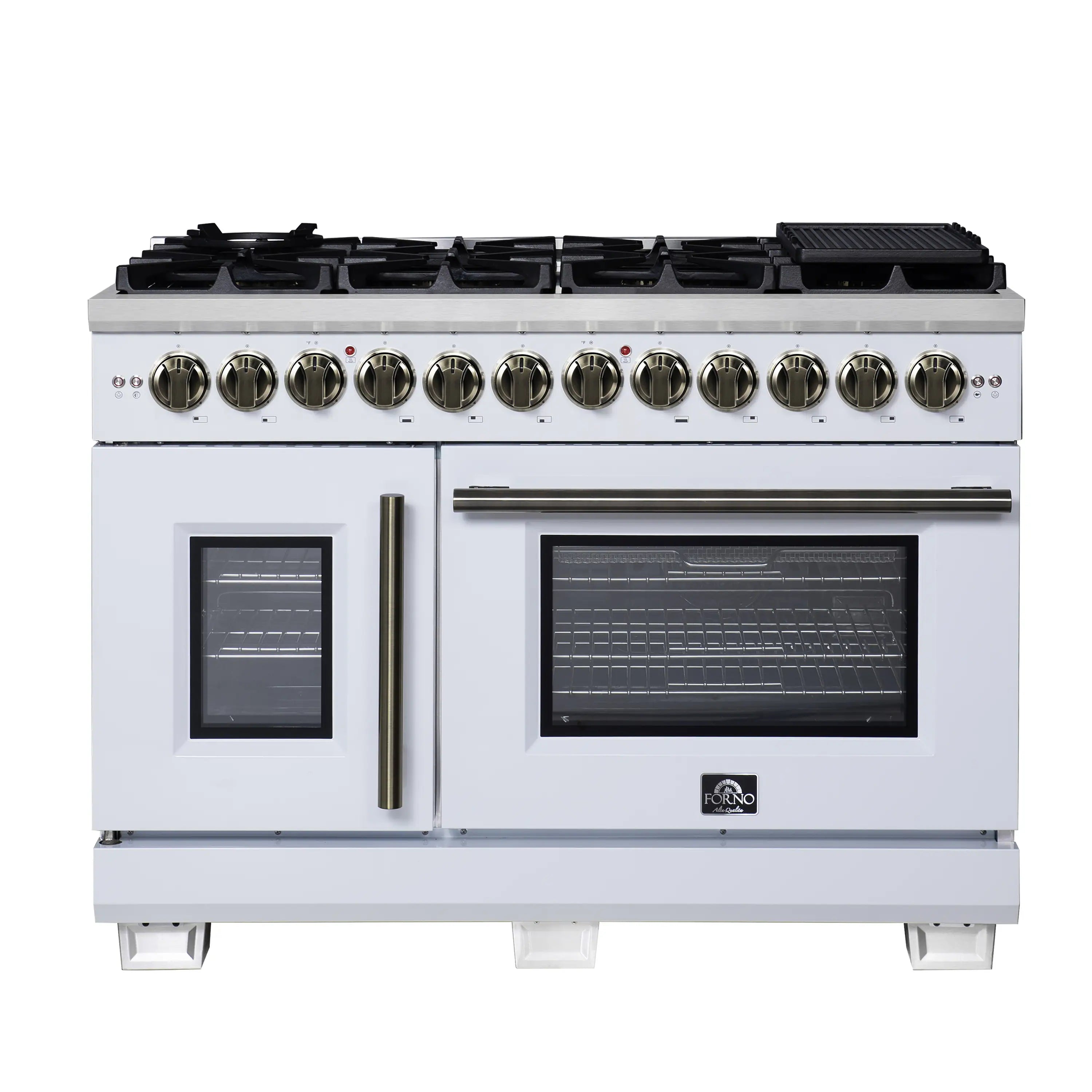 Dual fuel range front with brass handles and black cooktop grates over white body