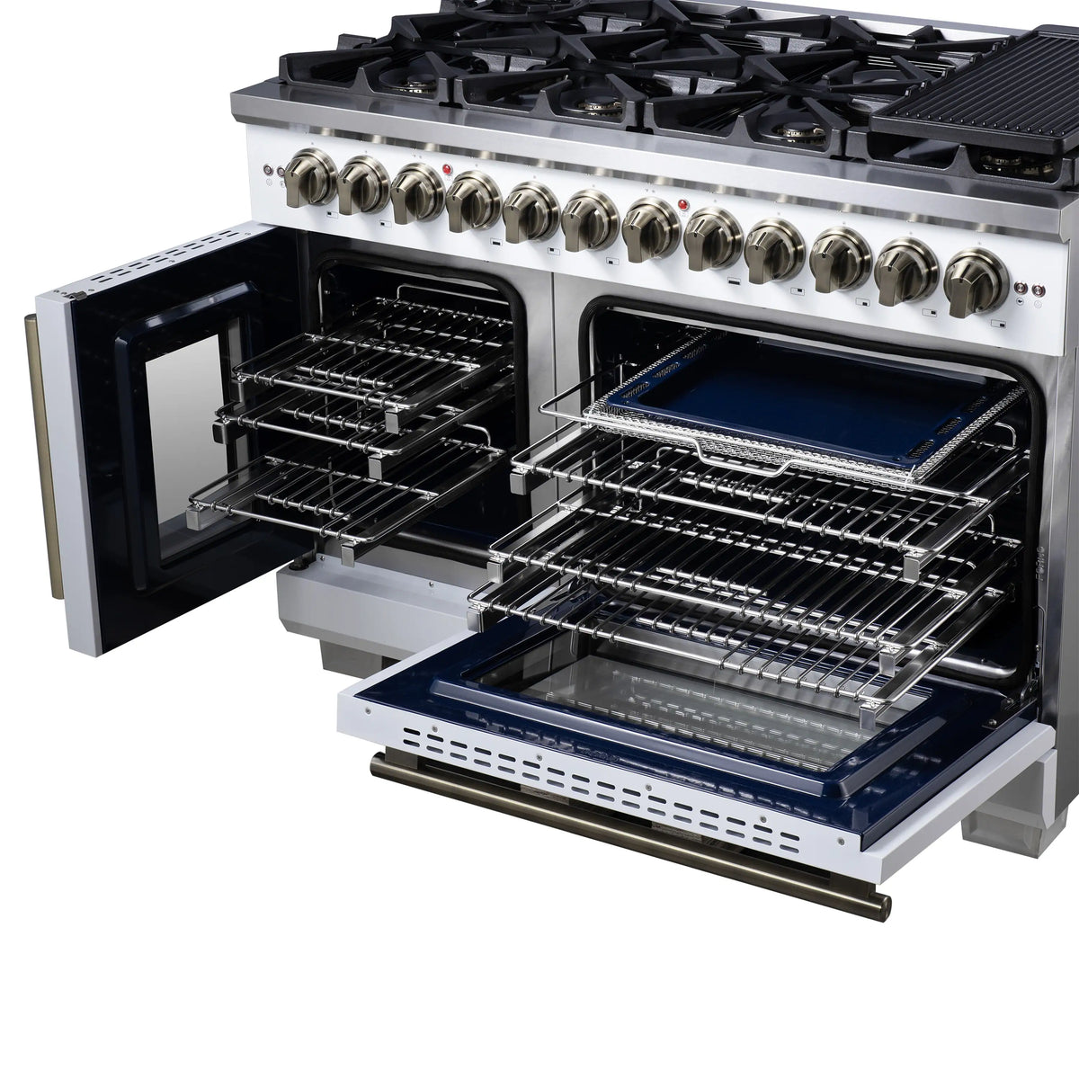 Dual fuel range with both oven doors open and wire racks inside