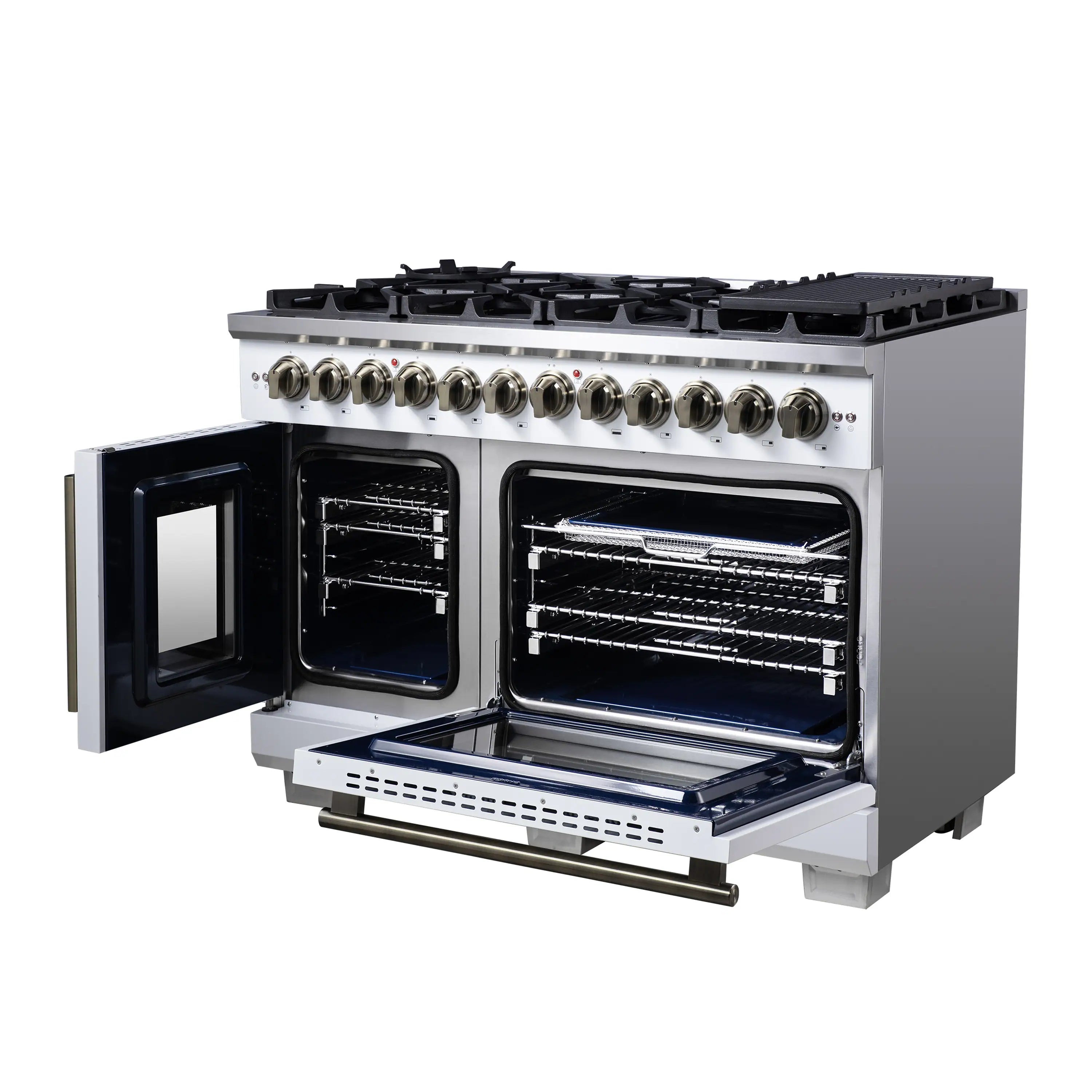 Freestanding dual fuel range with two open oven doors and brass side handle