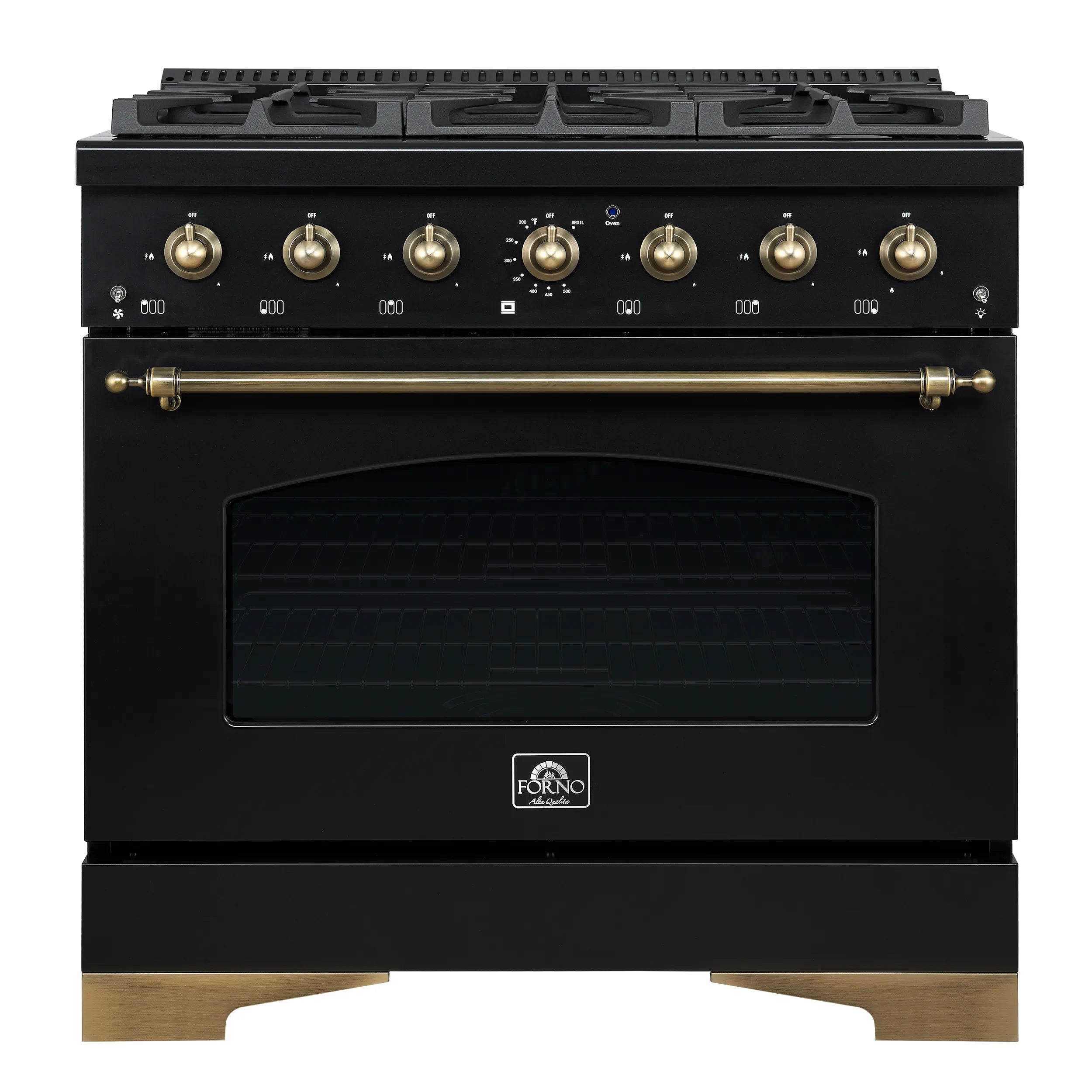 Black dual fuel range with brass-trim control panel and oven window