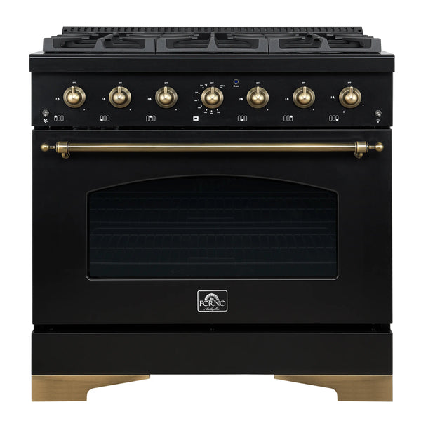 Forno Antico 36-inch Dual Fuel Range with 6 Gas Burner Cooktop and 4.5 Cu.Ft. Electric Convection Oven in Black with Antique Brass Trim (FFSGS6113-36BLK)