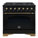Forno 5-Piece Appliance Package - 36-Inch Dual Fuel Range, Wall Mount Range Hood, 60-Inch Convertible Refrigerator with Modern Grille Trim, Dishwasher, and 24-Inch Microwave Oven in Black with Antique Brass Handle