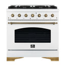 Forno 4-Piece Appliance Package - 36-Inch Antico Dual Fuel Range, 60-Inch Refrigerator, Dishwasher, & 24-Inch Microwave Drawer in White with Antique Brass Handle