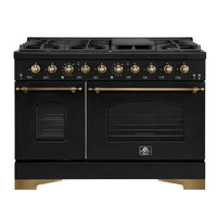 Forno Antico 48-inch Dual Range with 8 Gas Burner Cooktop and 5.5 Cu.Ft. Electric Convection Oven in Black with Antique Brass Trim (FFSGS6113-48BLK)