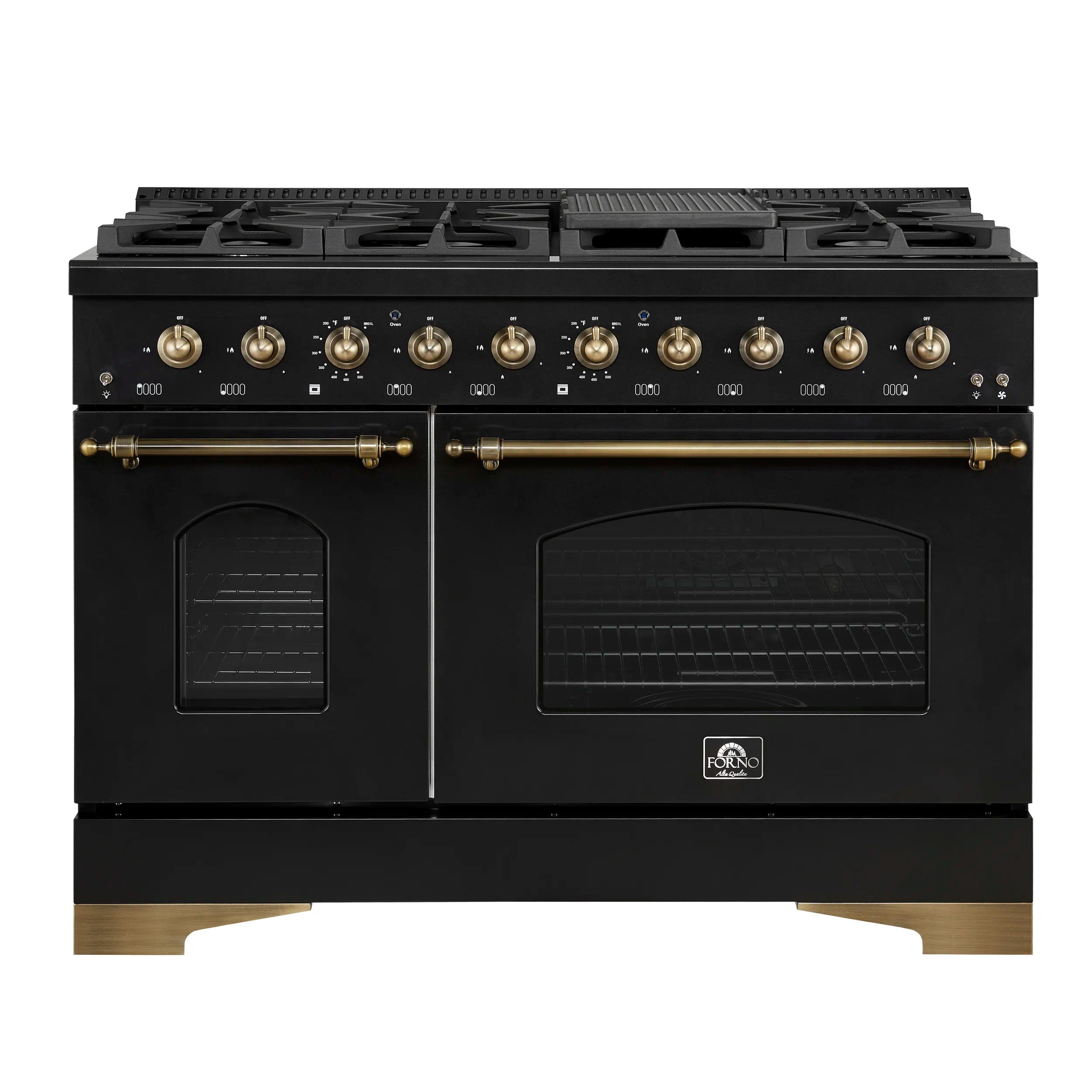 Black dual-fuel range with antique brass knobs and 8-burner gas cooktop