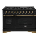 Forno Antico 5-Piece Appliance Package - 48-Inch Dual Fuel Range, 48-Inch Hood, 36-Inch Refrigerator, 24-Inch Dishwasher, & 24-Inch Microwave Drawer in Black with Antique Brass Trim