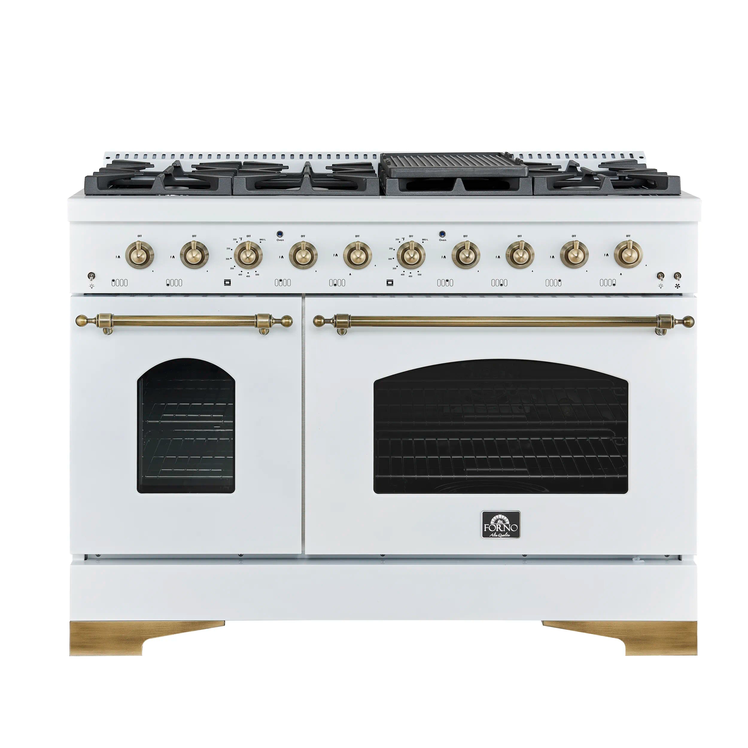 White dual fuel range with two black oven doors and antique brass control knobs