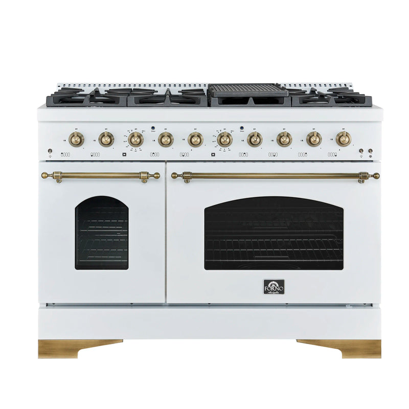 Forno Antico 4-Piece Appliance Package - 48-Inch Dual Fuel Range, 48-Inch Hood, 36-Inch Refrigerator, & 24-Inch Dishwasher in White with Antique Brass Trim