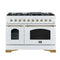 Forno 5-Piece Appliance Package - 48-Inch Antico Dual Fuel Range, Wall Mount Range Hood, 60-Inch Refrigerator, Dishwasher, & 24-Inch Microwave Oven in White with Antique Brass Handle